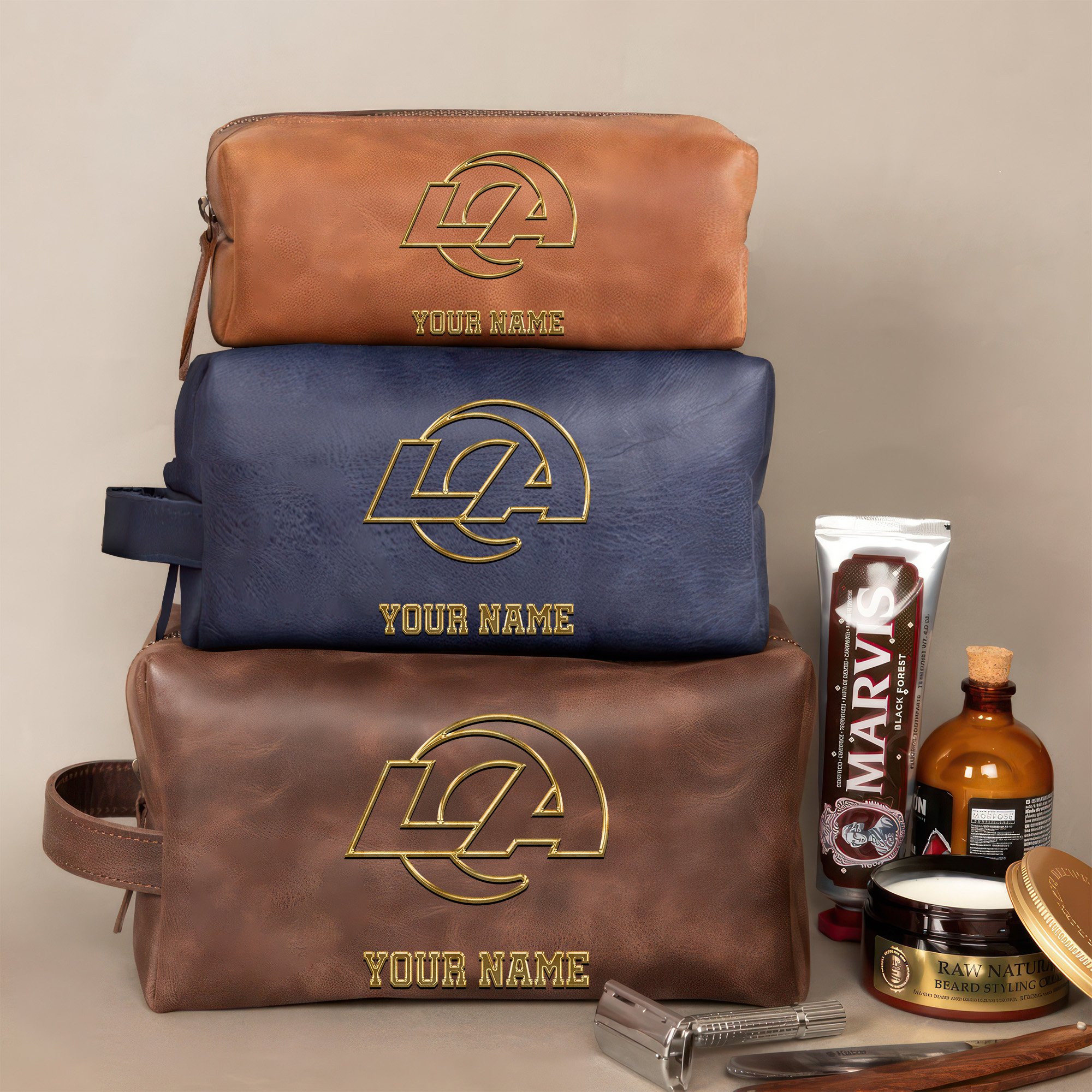 Los Angeles Rams Leather Toiletry Bag For Men Custom Your Name 2024 Version, 2D In Leather Dopp Kit Bag, Leather Dopp Kits, Football Fan GiftsEHIVM-59105