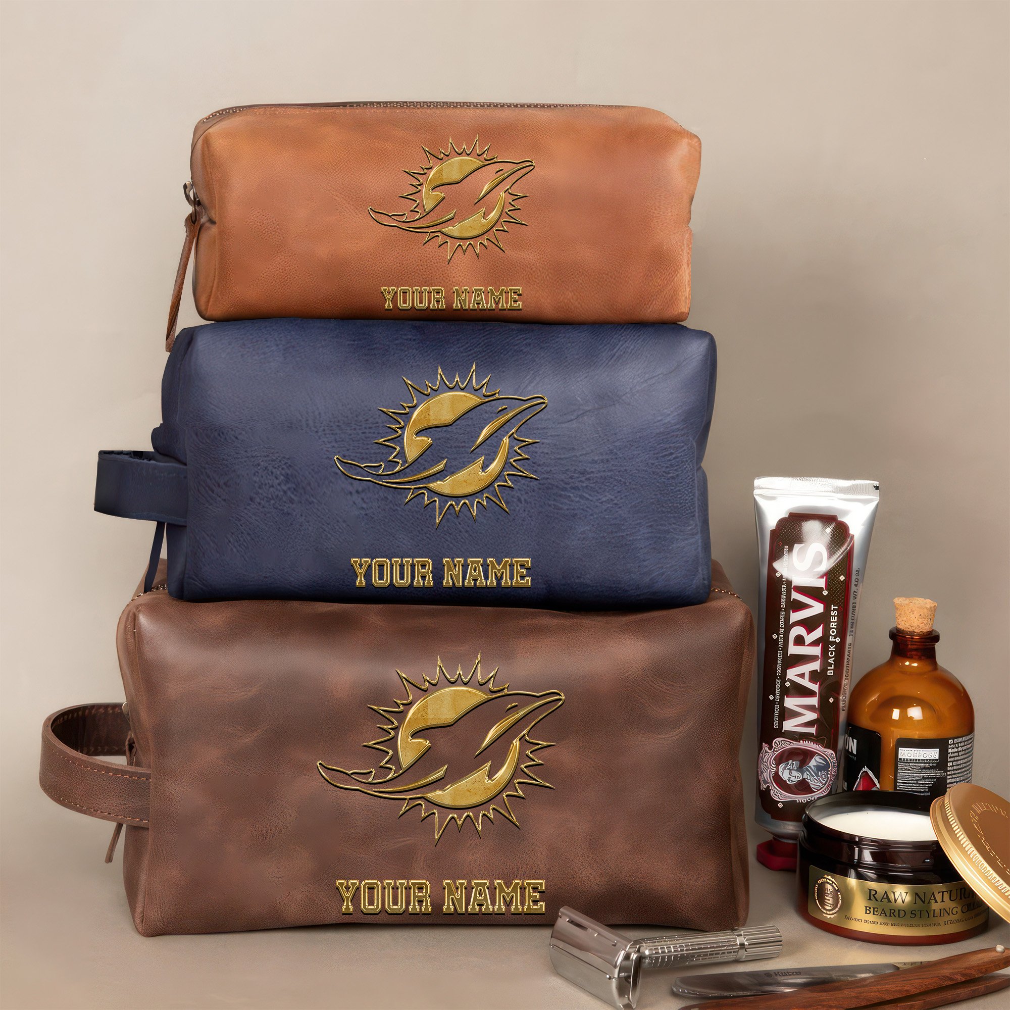 Miami Dolphins Leather Toiletry Bag For Men Custom Your Name 2024 Version, 2D In Leather Dopp Kit Bag, Leather Dopp Kits, Football Fan GiftsEHIVM-59105