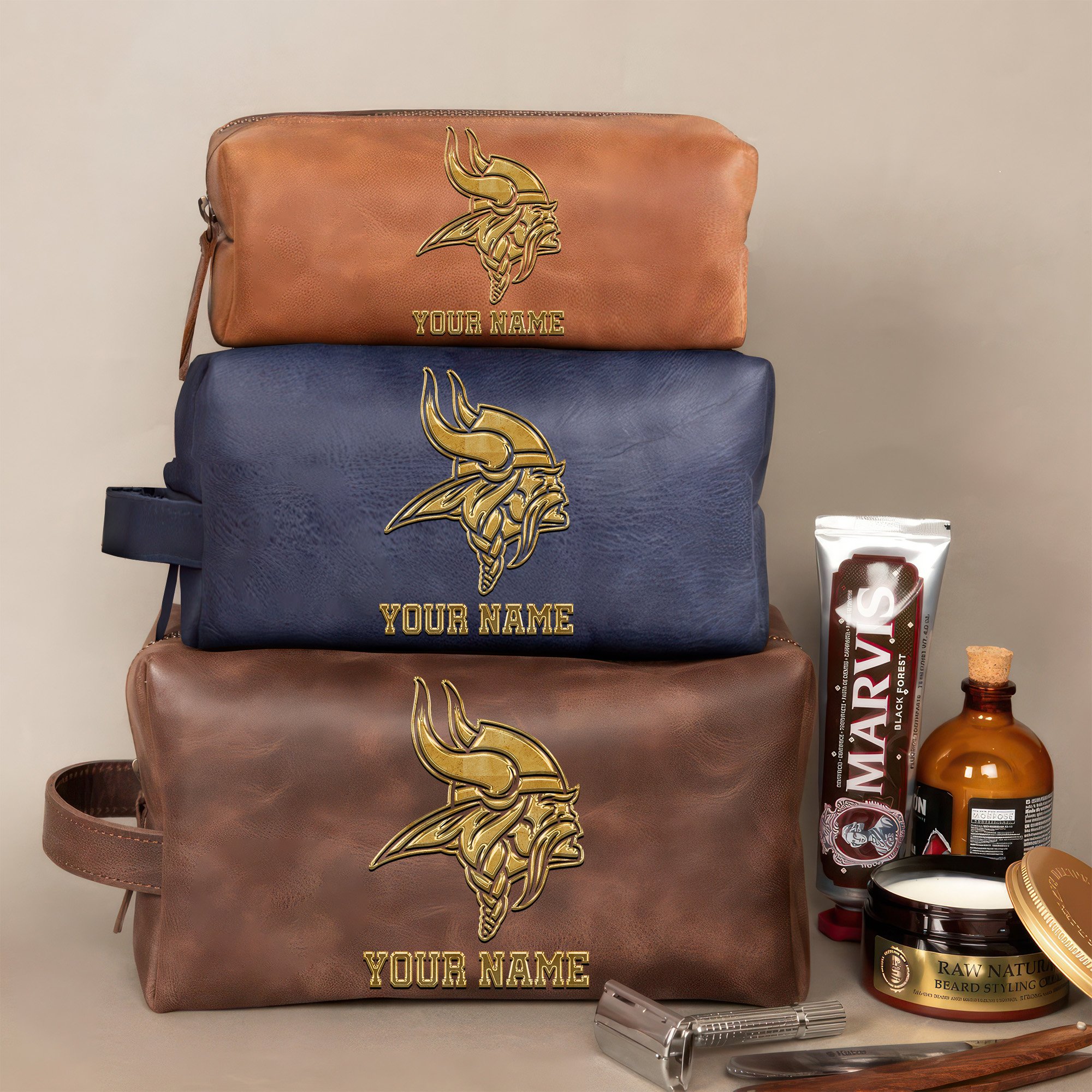 Minnesota Vikings Leather Toiletry Bag For Men Custom Your Name 2024 Version, 2D In Leather Dopp Kit Bag, Leather Dopp Kits, Football Fan GiftsEHIVM-59105