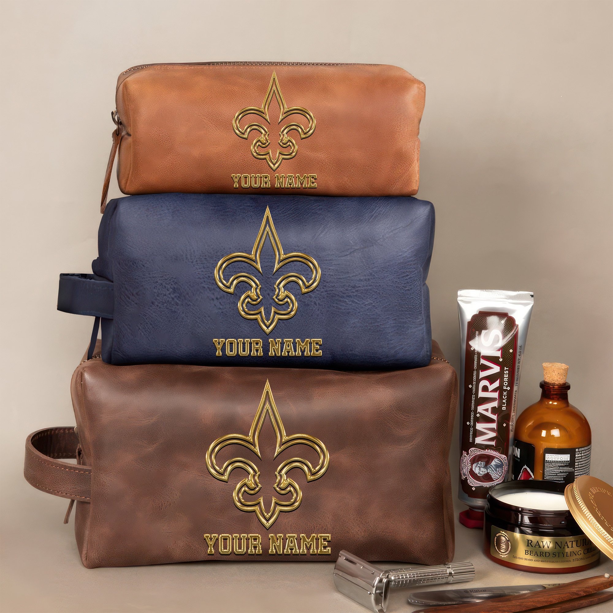 New Orleans Saints Leather Toiletry Bag For Men Custom Your Name 2024 Version, 2D In Leather Dopp Kit Bag, Leather Dopp Kits, Football Fan GiftsEHIVM-59105