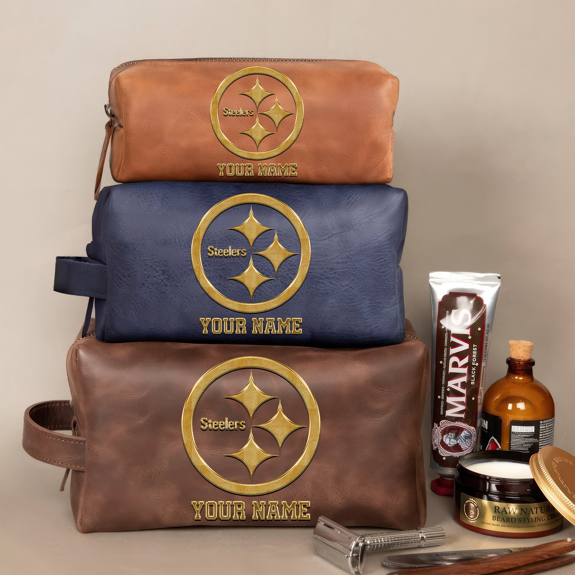 Pittsburgh Steelers Leather Toiletry Bag For Men Custom Your Name 2024 Version, 2D In Leather Dopp Kit Bag, Leather Dopp Kits, Football Fan GiftsEHIVM-59105