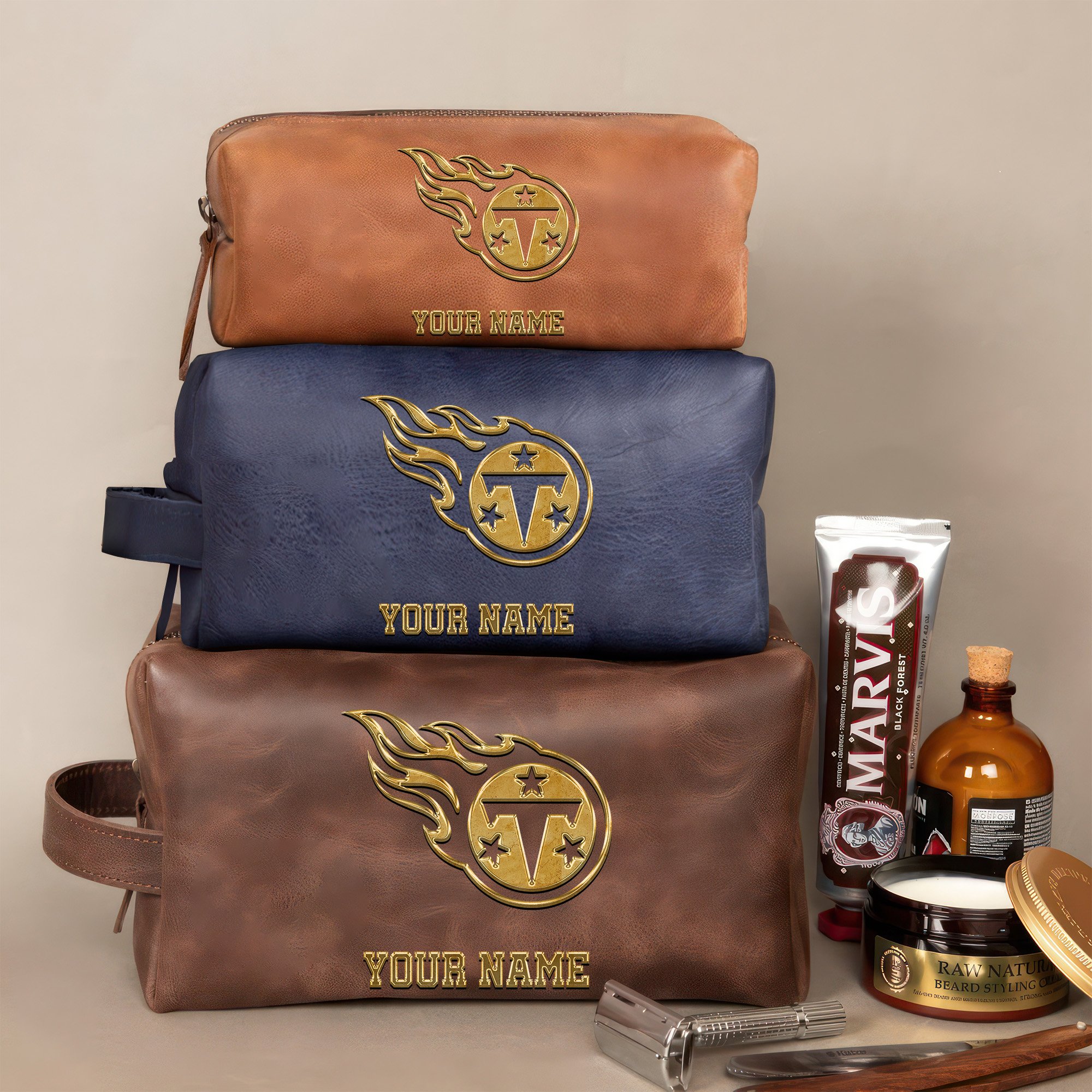 Tennessee Titans Leather Toiletry Bag For Men Custom Your Name 2024 Version, 2D In Leather Dopp Kit Bag, Leather Dopp Kits, Football Fan GiftsEHIVM-59105