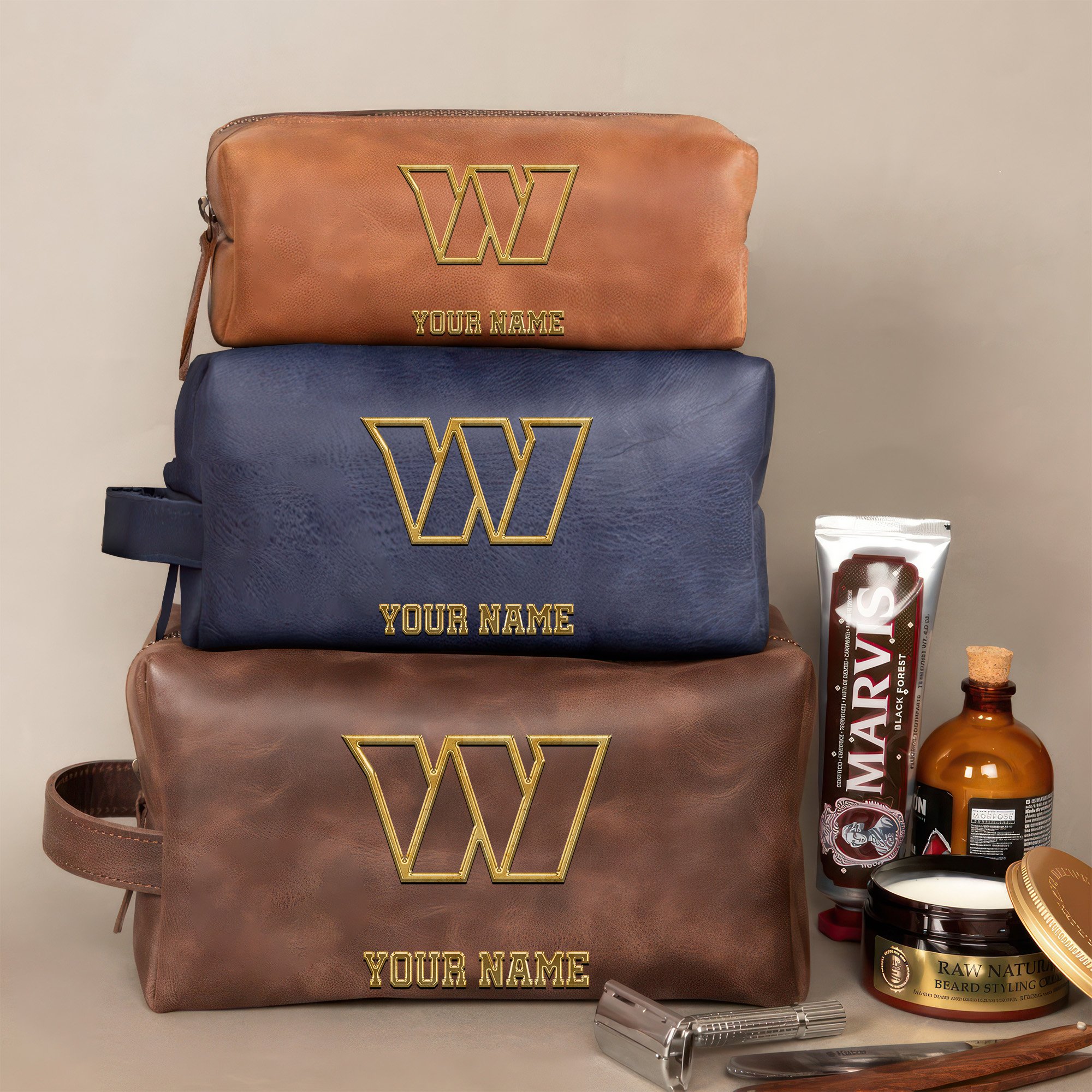 Washington Commanders Leather Toiletry Bag For Men Custom Your Name 2024 Version, 2D In Leather Dopp Kit Bag, Leather Dopp Kits, Football Fan GiftsEHIVM-59105