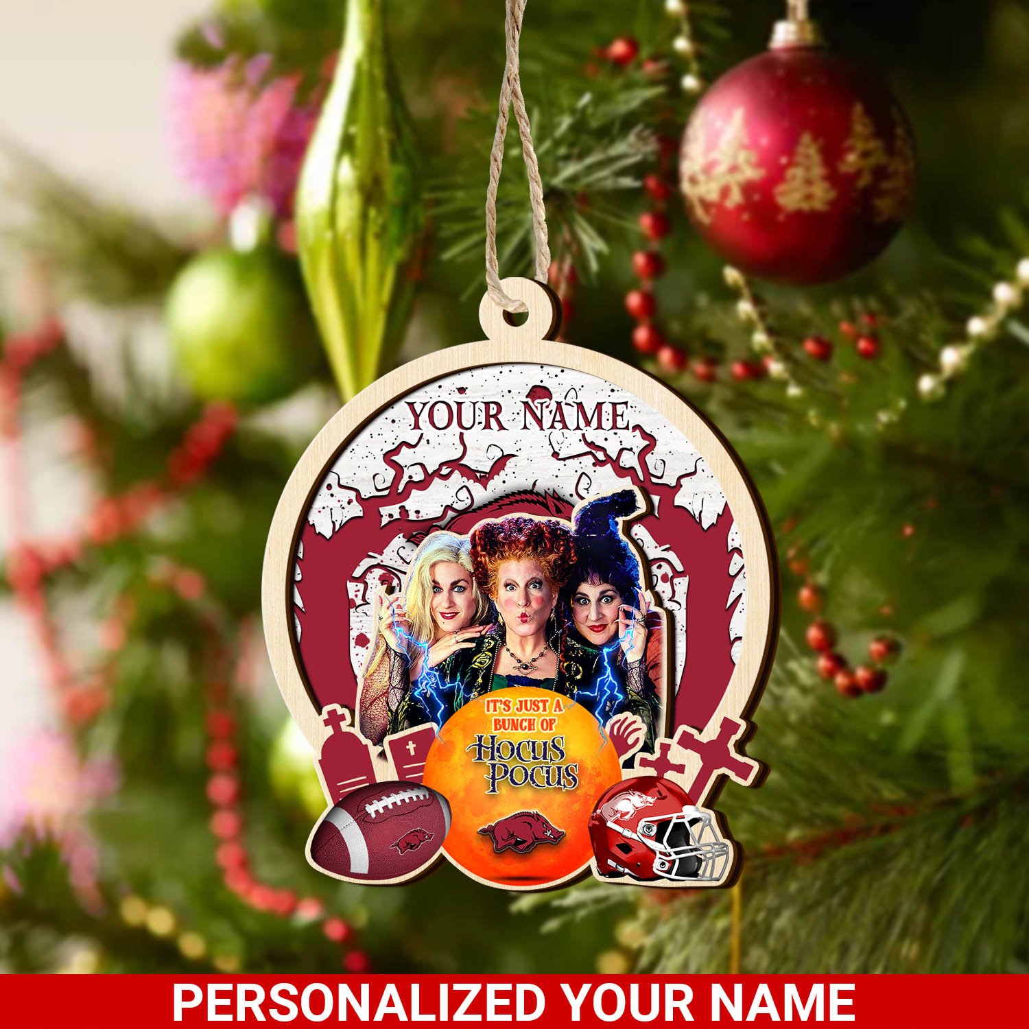 Arkansas Razorbacks 2 Layered Wooden Ornament 2024 Version Custom Your Name, Hocus Pocus And Sport Team Ornament, Sport Gifts For Fans ETHY-52115