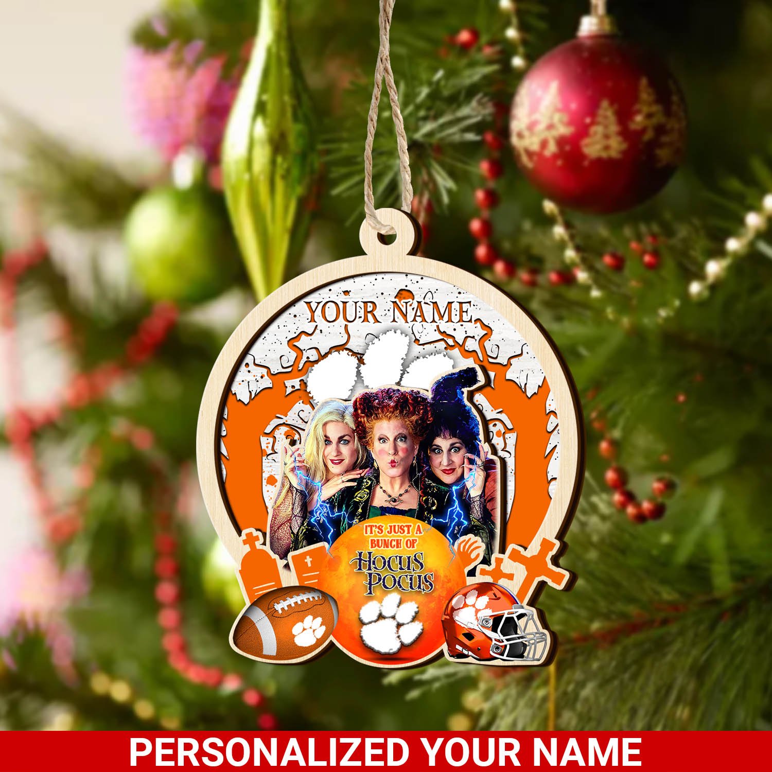 Clemson Tigers 2 Layered Wooden Ornament 2024 Version Custom Your Name, Hocus Pocus And Sport Team Ornament, Sport Gifts For Fans ETHY-52115