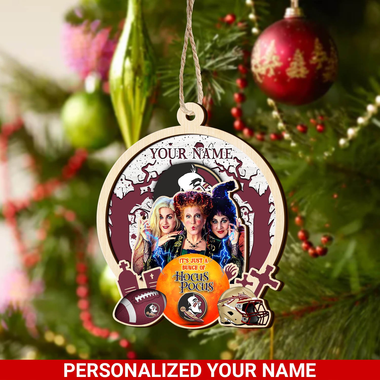 Florida State Seminoles 2 Layered Wooden Ornament 2024 Version Custom Your Name, Hocus Pocus And Sport Team Ornament, Sport Gifts For Fans ETHY-52115