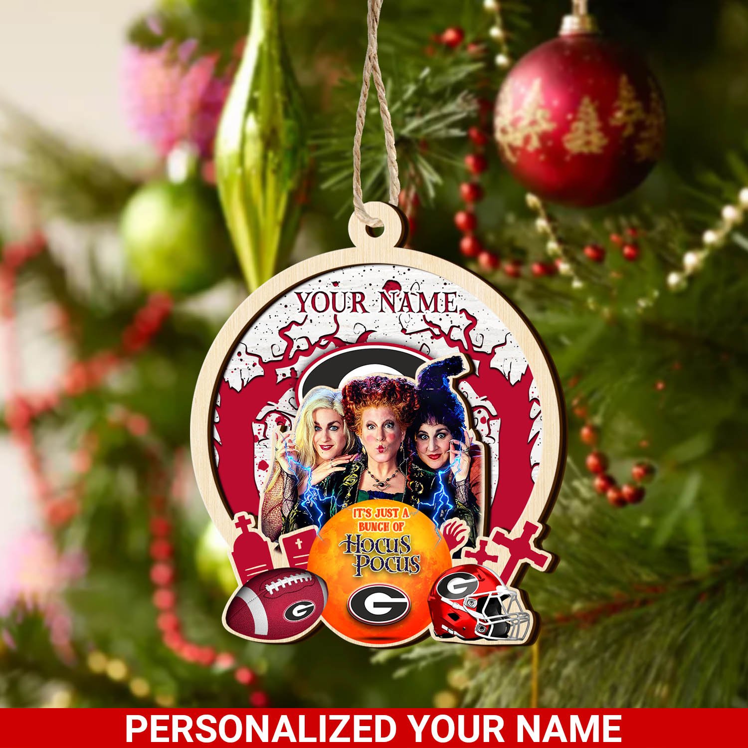 Georgia Bulldogs 2 Layered Wooden Ornament 2024 Version Custom Your Name, Hocus Pocus And Sport Team Ornament, Sport Gifts For Fans ETHY-52115