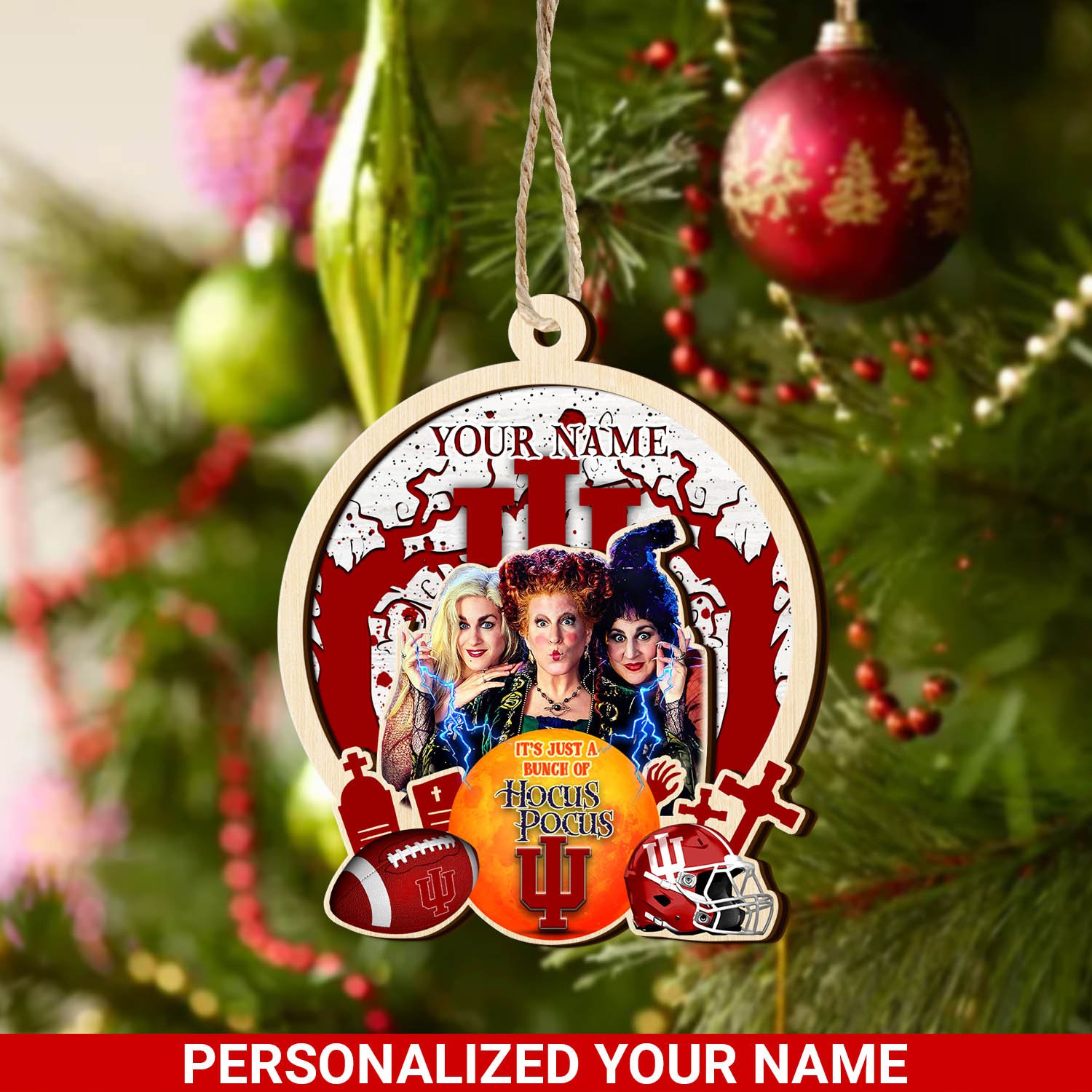 Indiana Hoosiers 2 Layered Wooden Ornament 2024 Version Custom Your Name, Hocus Pocus And Sport Team Ornament, Sport Gifts For Fans ETHY-52115