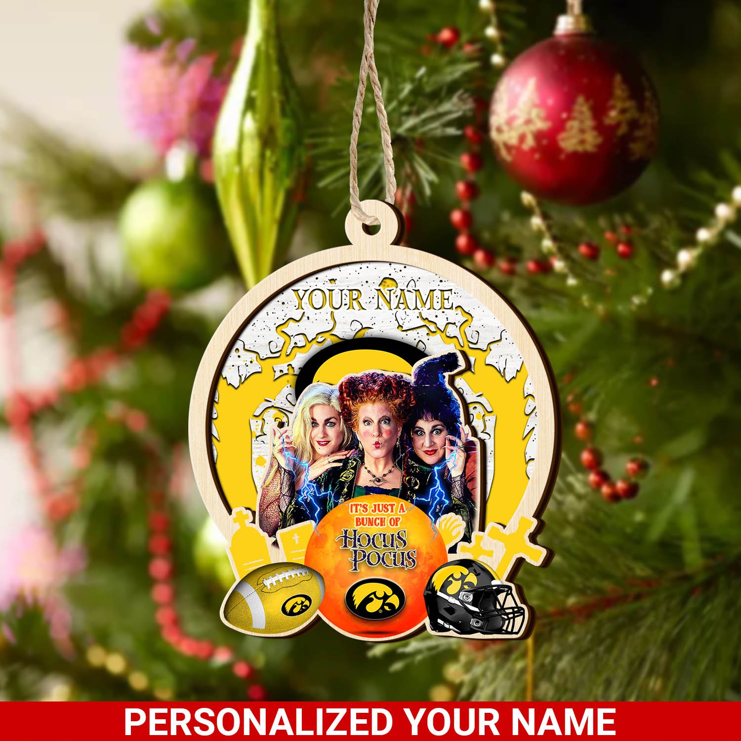 Iowa Hawkeyes 2 Layered Wooden Ornament 2024 Version Custom Your Name, Hocus Pocus And Sport Team Ornament, Sport Gifts For Fans ETHY-52115