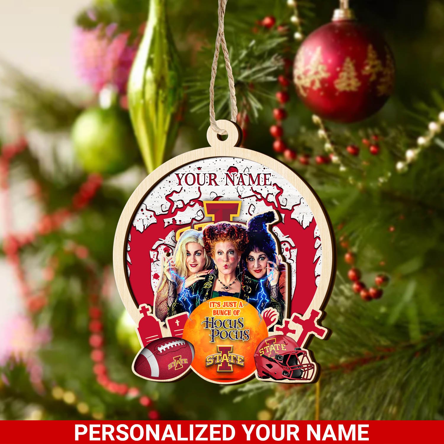Iowa State Cyclones 2 Layered Wooden Ornament 2024 Version Custom Your Name, Hocus Pocus And Sport Team Ornament, Sport Gifts For Fans ETHY-52115