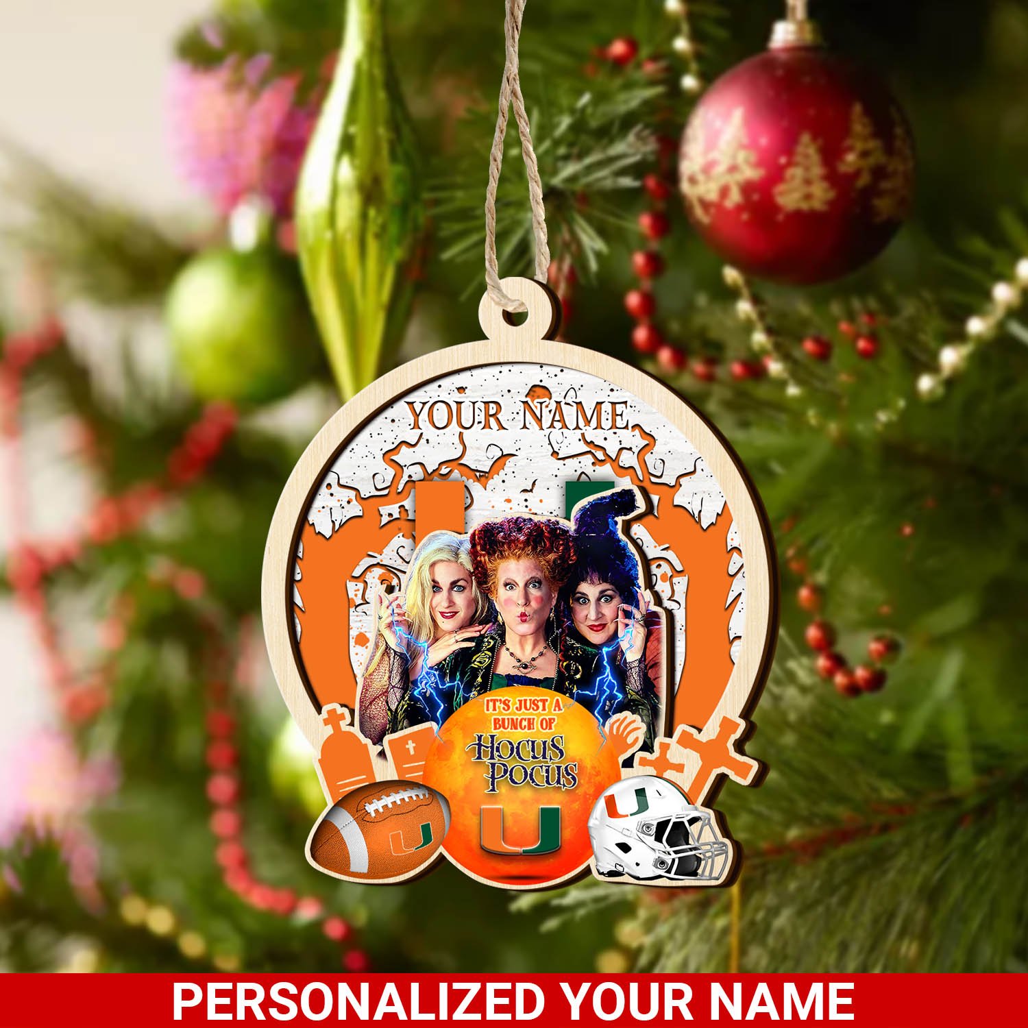 Miami Hurricanes 2 Layered Wooden Ornament 2024 Version Custom Your Name, Hocus Pocus And Sport Team Ornament, Sport Gifts For Fans ETHY-52115