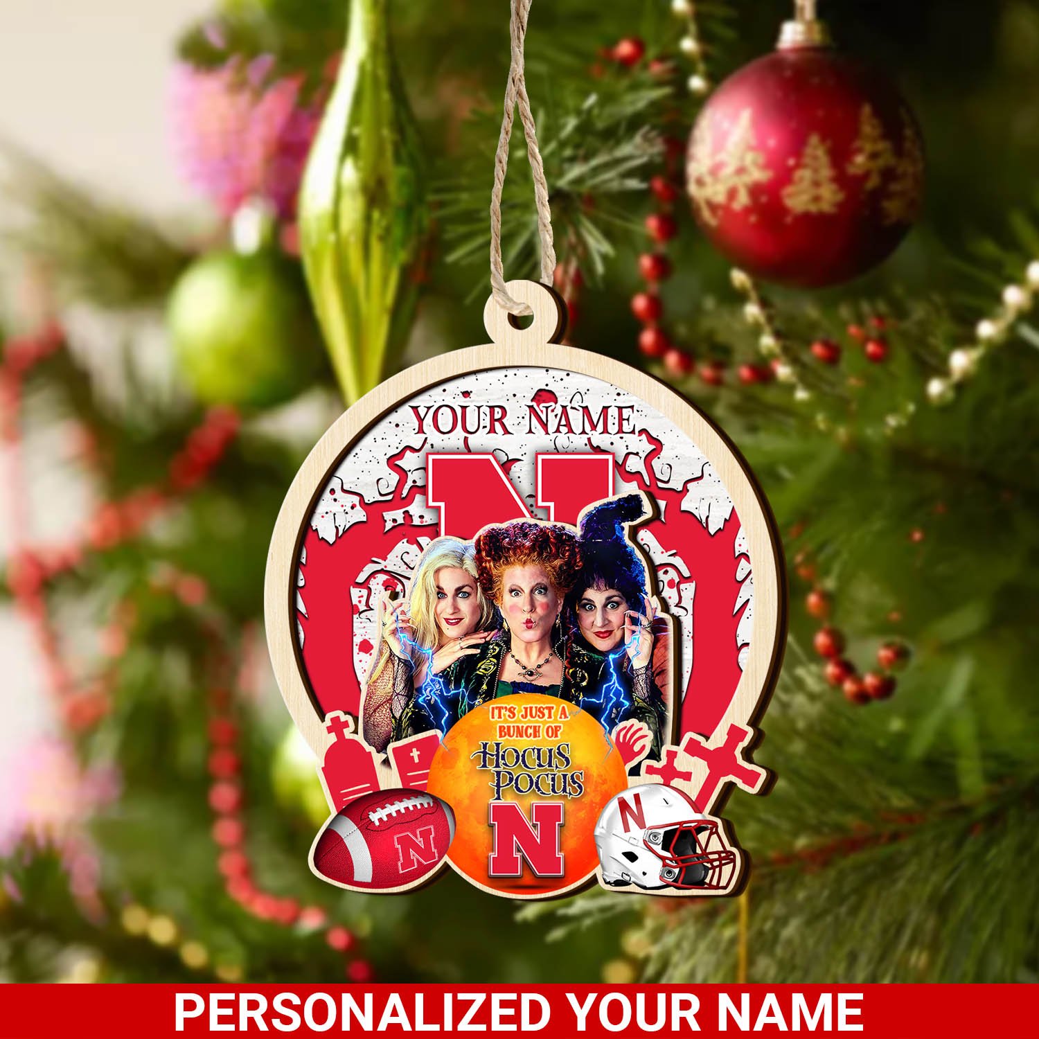 Nebraska Cornhuskers 2 Layered Wooden Ornament 2024 Version Custom Your Name, Hocus Pocus And Sport Team Ornament, Sport Gifts For Fans ETHY-52115