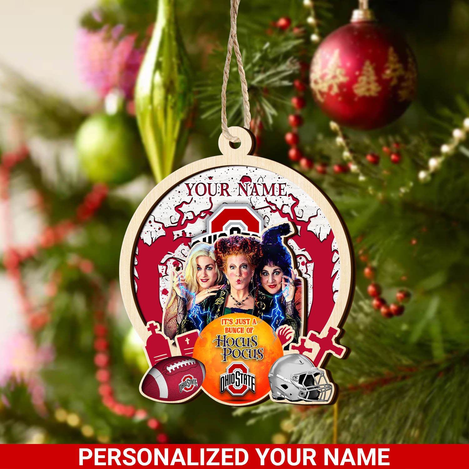 Ohio State Buckeyes 2 Layered Wooden Ornament 2024 Version Custom Your Name, Hocus Pocus And Sport Team Ornament, Sport Gifts For Fans ETHY-52115