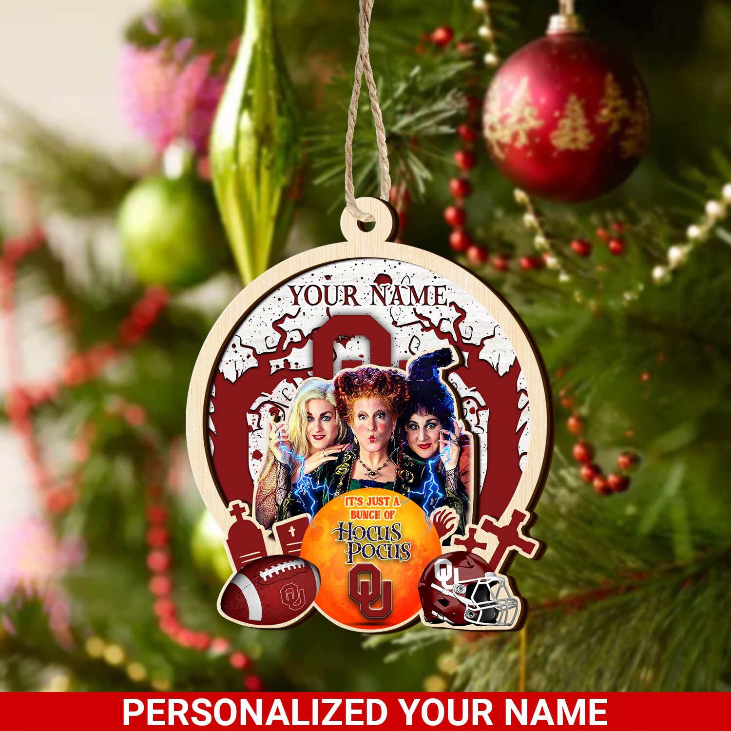 Oklahoma Sooners 2 Layered Wooden Ornament 2024 Version Custom Your Name, Hocus Pocus And Sport Team Ornament, Sport Gifts For Fans ETHY-52115