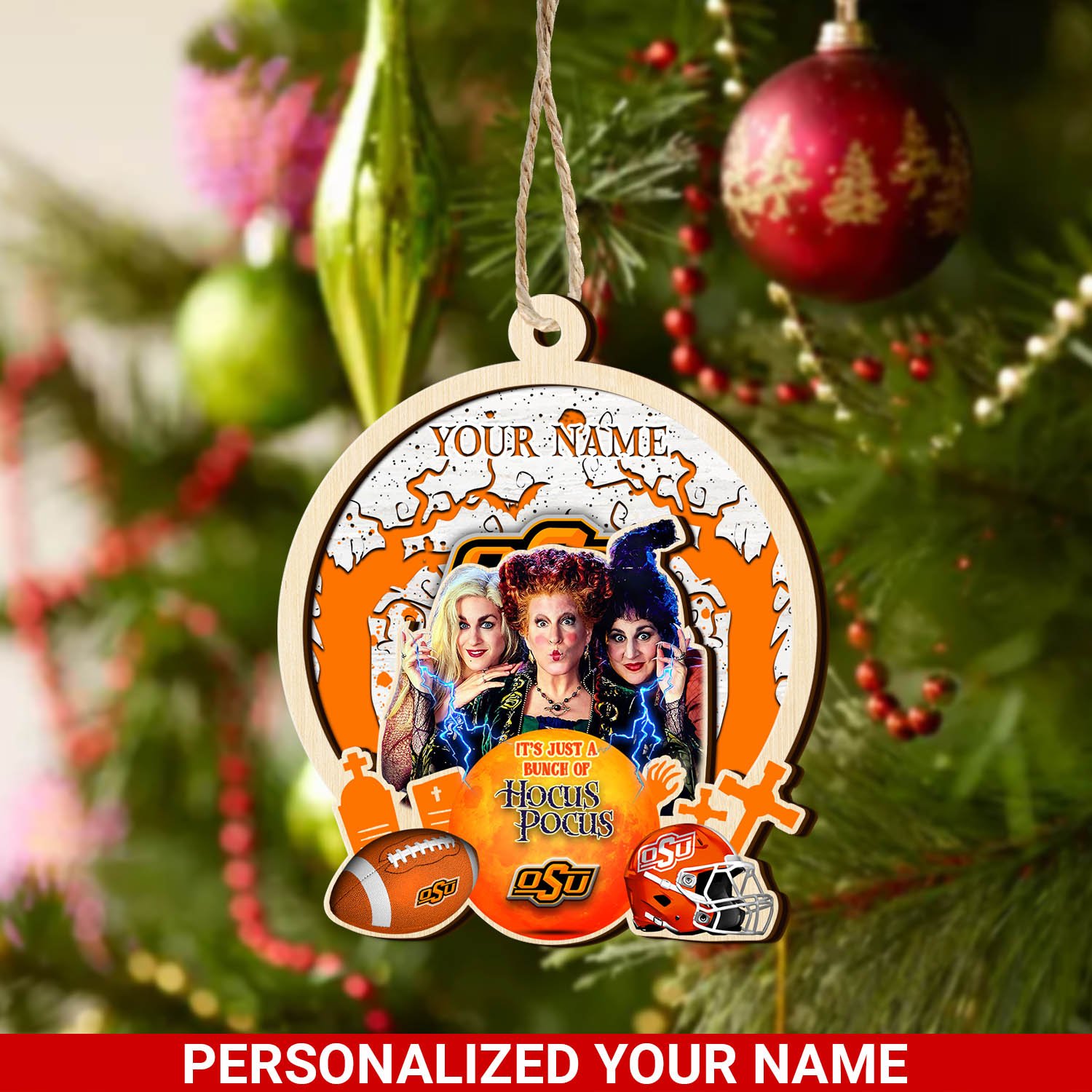 Oklahoma State Cowboys 2 Layered Wooden Ornament 2024 Version Custom Your Name, Hocus Pocus And Sport Team Ornament, Sport Gifts For Fans ETHY-52115