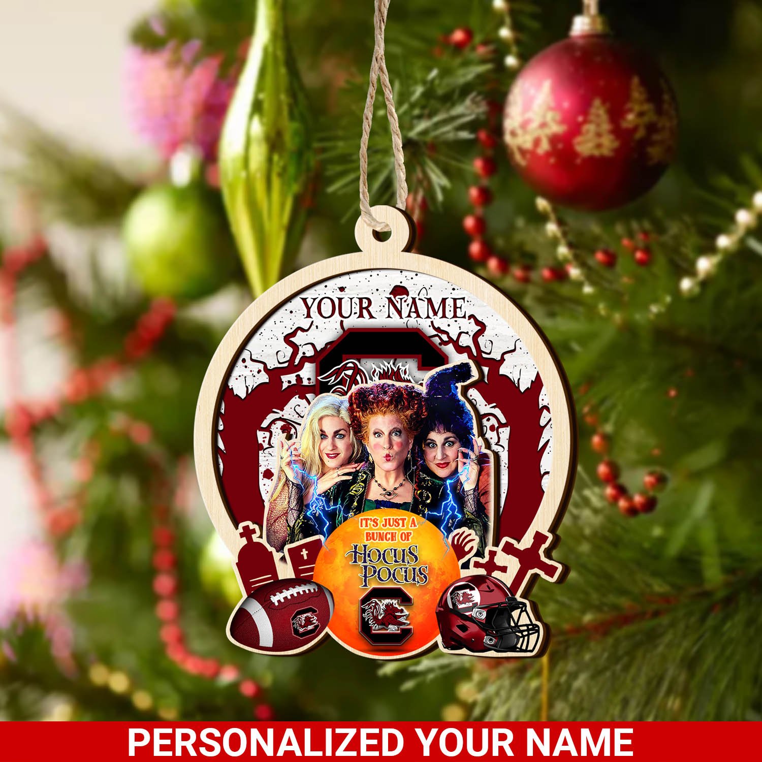 South Carolina Gamecocks 2 Layered Wooden Ornament 2024 Version Custom Your Name, Hocus Pocus And Sport Team Ornament, Sport Gifts For Fans ETHY-52115