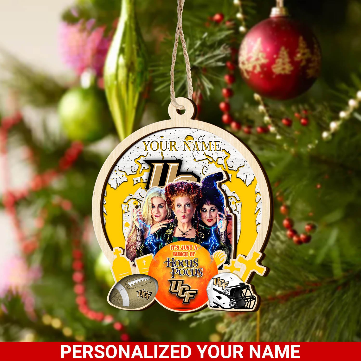 UCF Knights 2 Layered Wooden Ornament 2024 Version Custom Your Name, Hocus Pocus And Sport Team Ornament, Sport Gifts For Fans ETHY-52115