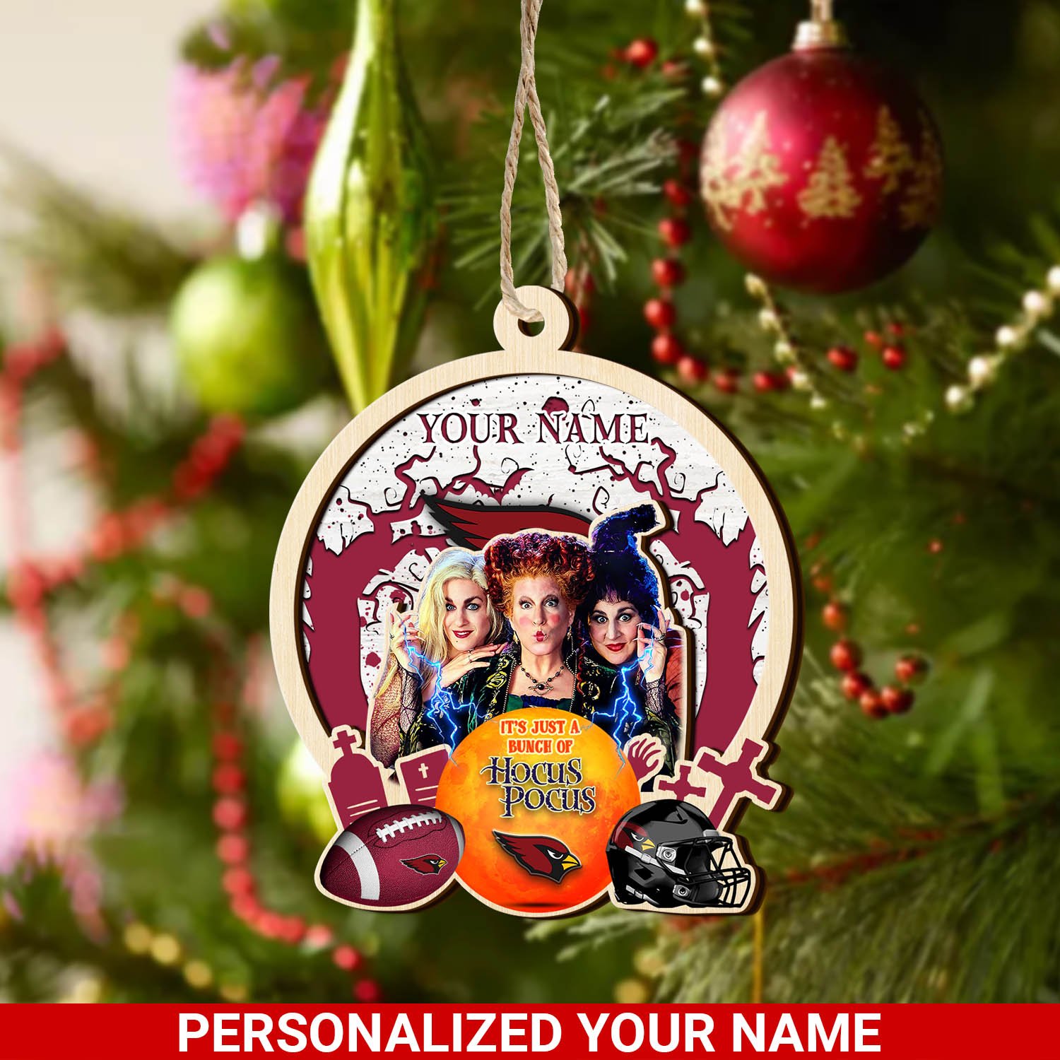 Arizona Cardinals 2 Layered Wooden Ornament 2024 Version Custom Your Name, Hocus Pocus And Sport Team Ornament, Sport Gifts For Fans ETHY-52115
