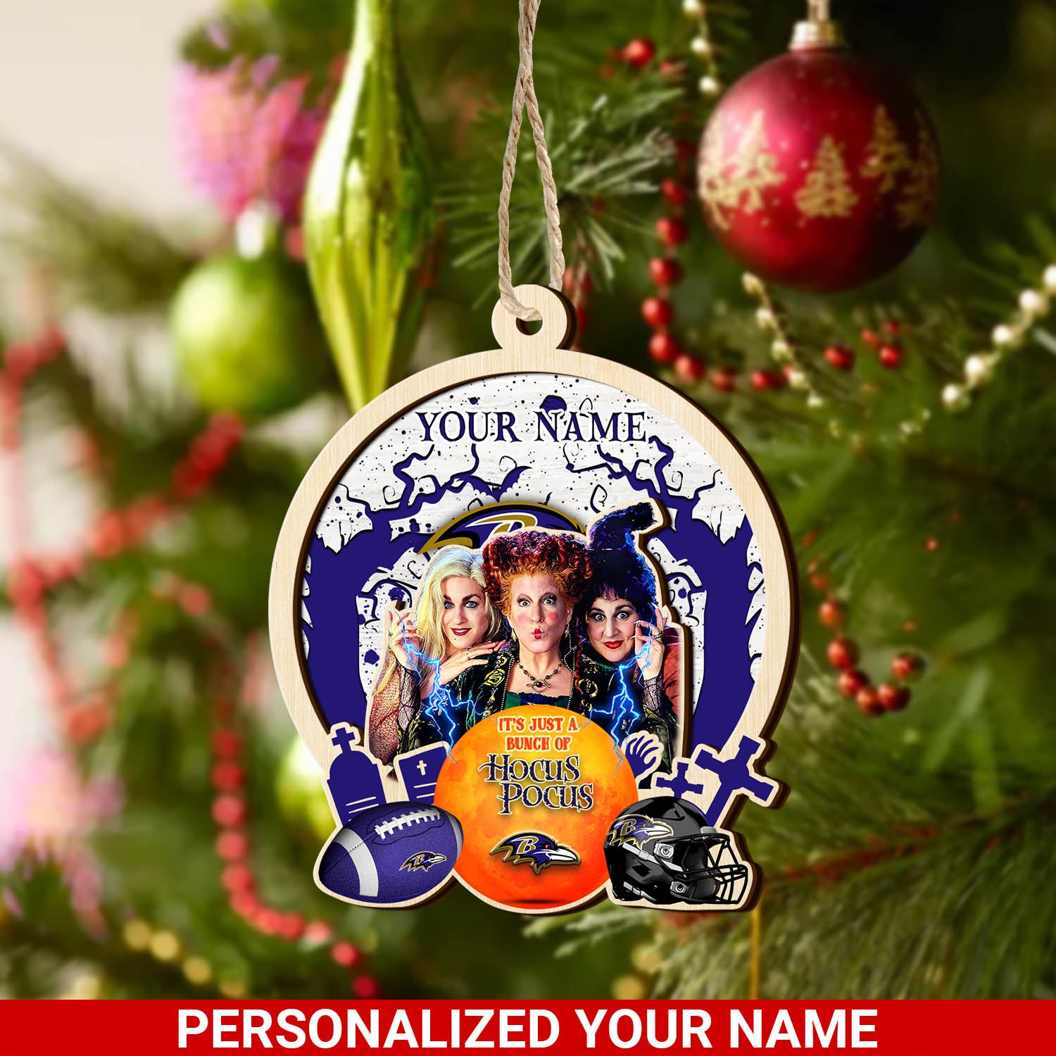 Baltimore Ravens 2 Layered Wooden Ornament 2024 Version Custom Your Name, Hocus Pocus And Sport Team Ornament, Sport Gifts For Fans ETHY-52115