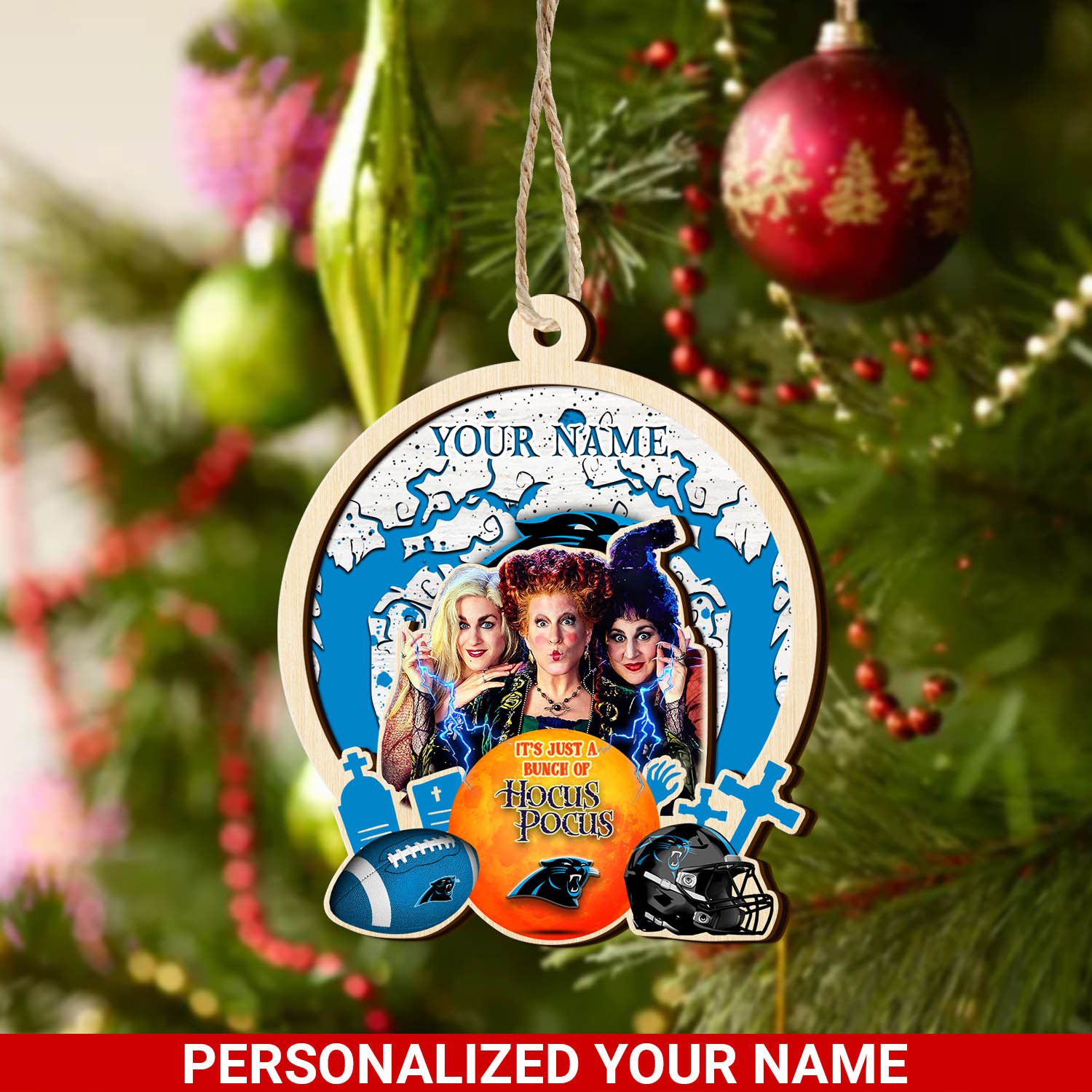 Carolina Panthers 2 Layered Wooden Ornament 2024 Version Custom Your Name, Hocus Pocus And Sport Team Ornament, Sport Gifts For Fans ETHY-52115