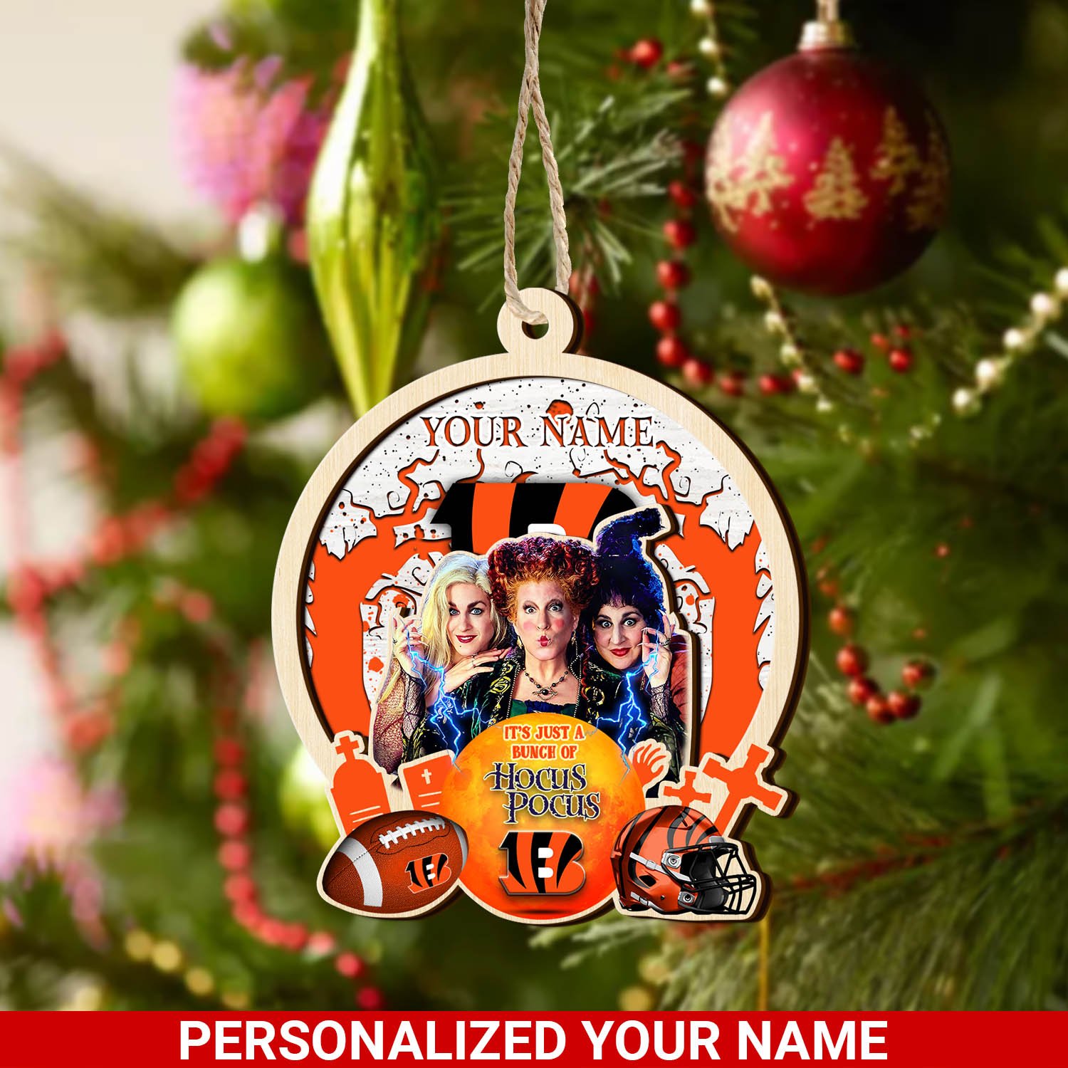 Cincinnati Bengals 2 Layered Wooden Ornament 2024 Version Custom Your Name, Hocus Pocus And Sport Team Ornament, Sport Gifts For Fans ETHY-52115