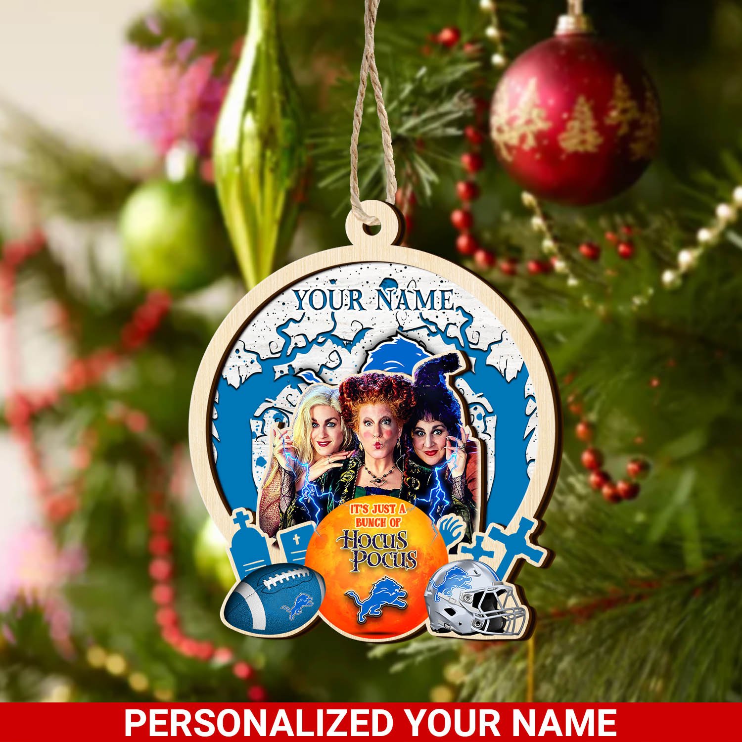 Detroit Lions 2 Layered Wooden Ornament 2024 Version Custom Your Name, Hocus Pocus And Sport Team Ornament, Sport Gifts For Fans ETHY-52115
