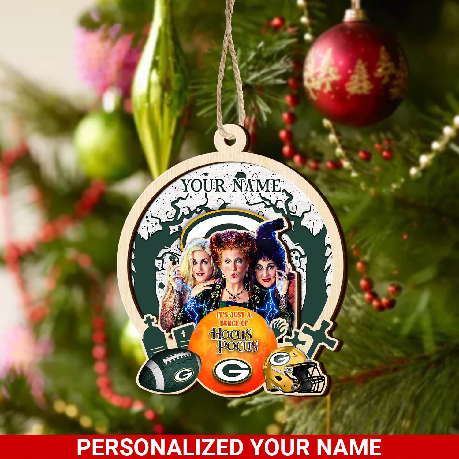 Green Bay Packers 2 Layered Wooden Ornament 2024 Version Custom Your Name, Hocus Pocus And Sport Team Ornament, Sport Gifts For Fans ETHY-52115