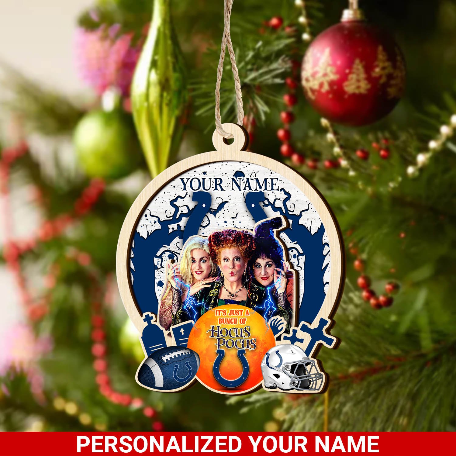 Indianapolis Colts 2 Layered Wooden Ornament 2024 Version Custom Your Name, Hocus Pocus And Sport Team Ornament, Sport Gifts For Fans ETHY-52115