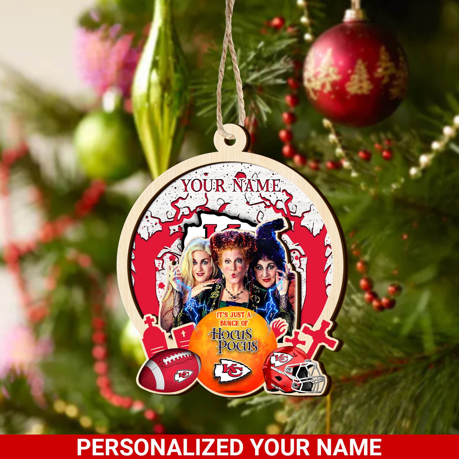 Kansas City Chiefs 2 Layered Wooden Ornament 2024 Version Custom Your Name, Hocus Pocus And Sport Team Ornament, Sport Gifts For Fans ETHY-52115