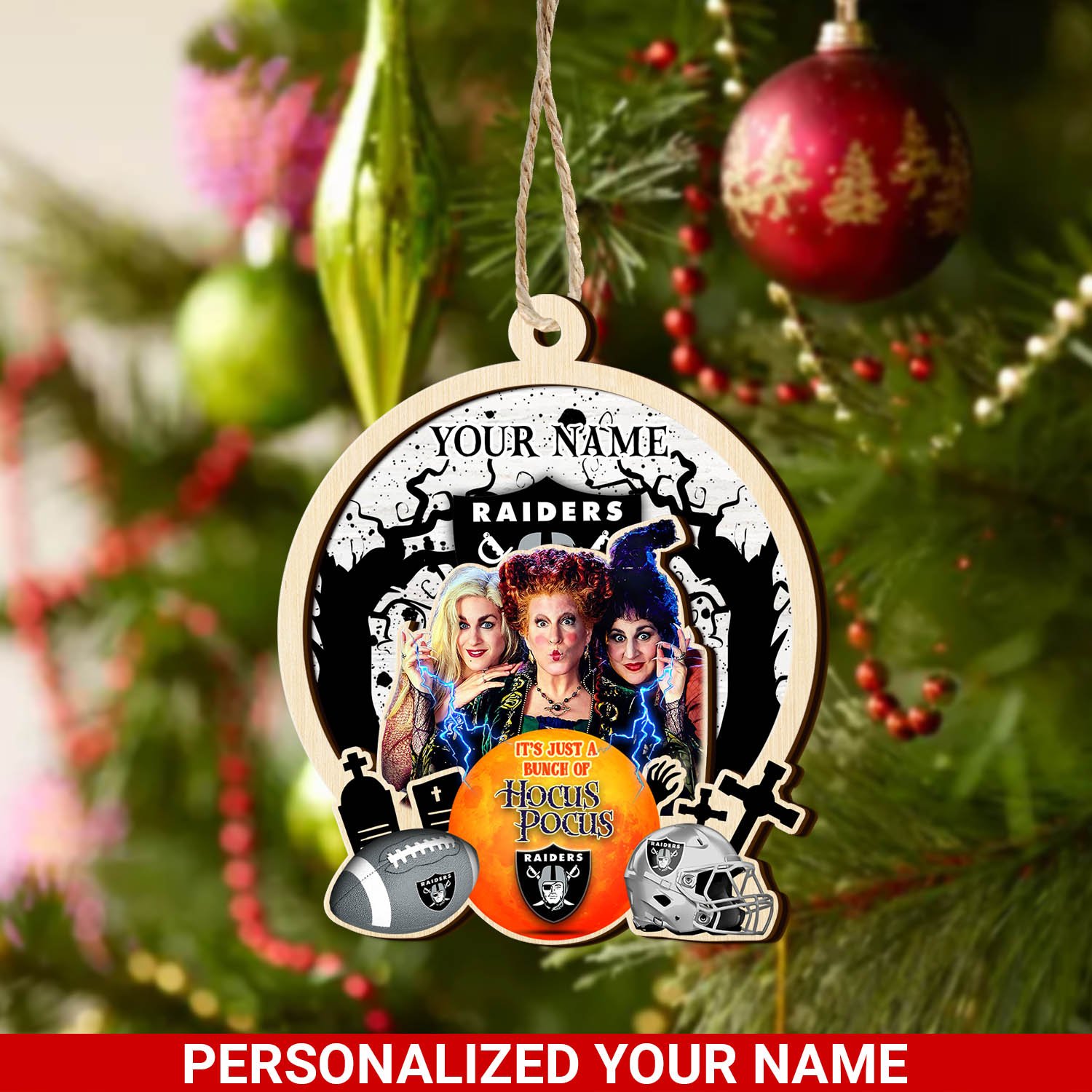 Las Vegas Raiders 2 Layered Wooden Ornament 2024 Version Custom Your Name, Hocus Pocus And Sport Team Ornament, Sport Gifts For Fans ETHY-52115