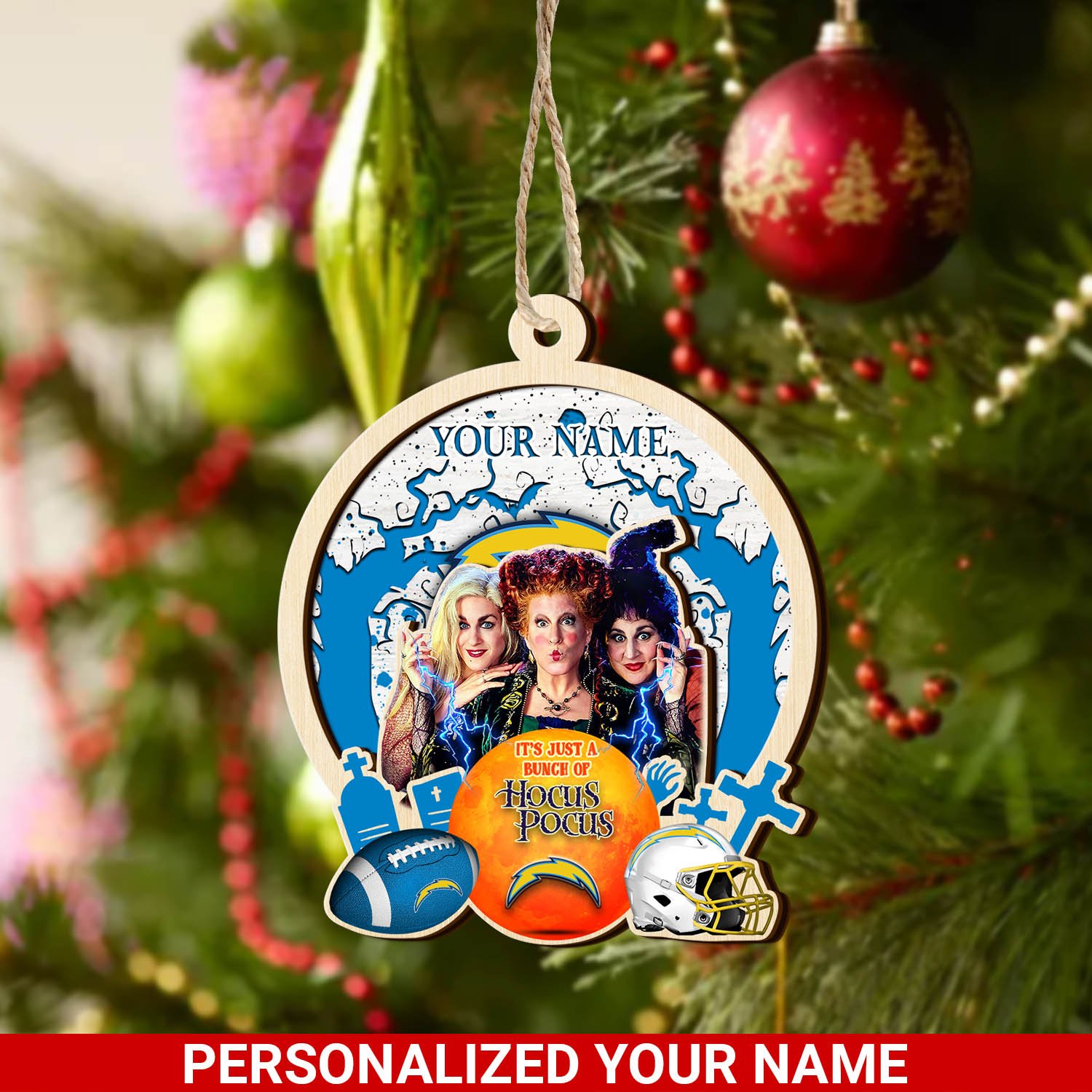 Los Angeles Chargers 2 Layered Wooden Ornament 2024 Version Custom Your Name, Hocus Pocus And Sport Team Ornament, Sport Gifts For Fans ETHY-52115