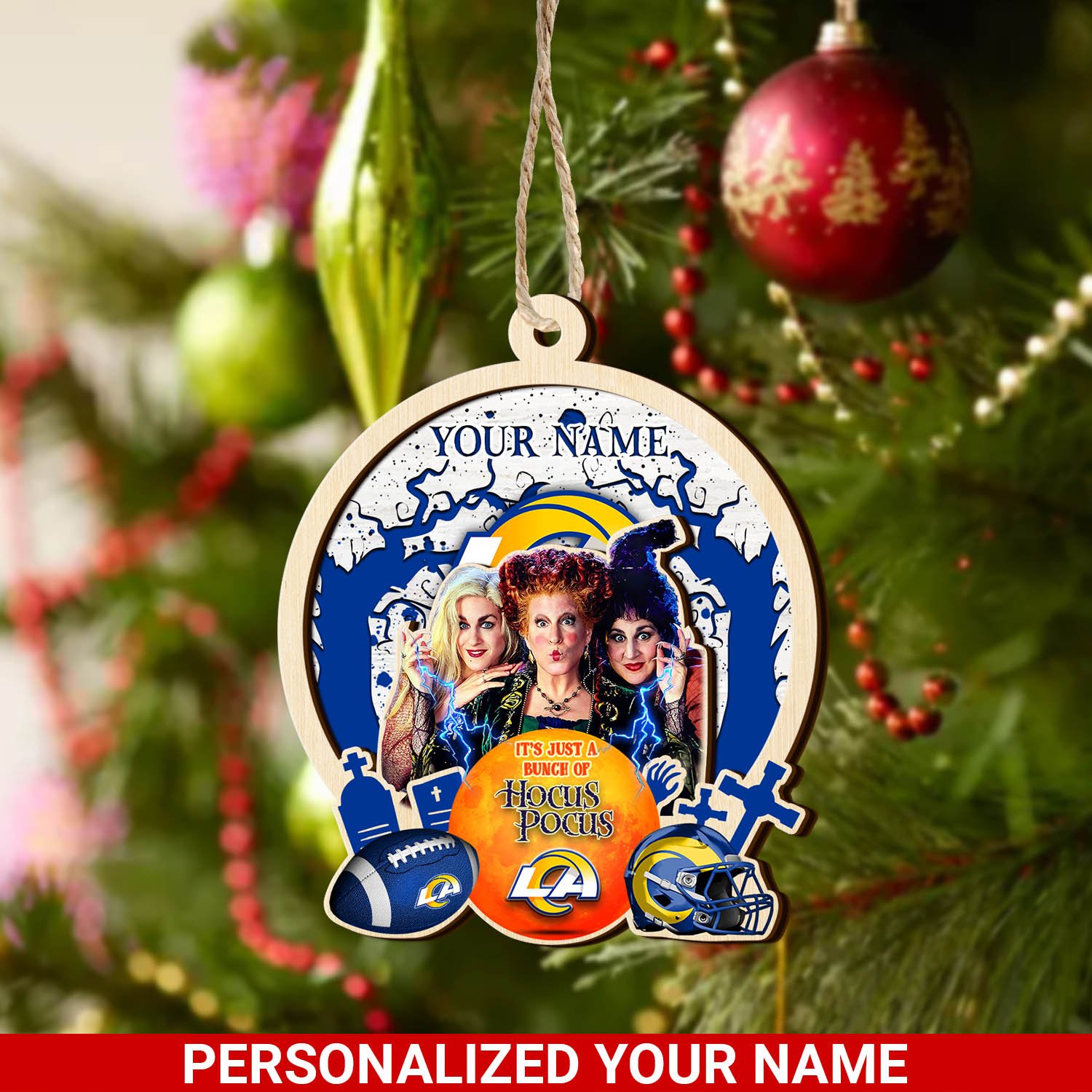 Los Angeles Rams 2 Layered Wooden Ornament 2024 Version Custom Your Name, Hocus Pocus And Sport Team Ornament, Sport Gifts For Fans ETHY-52115