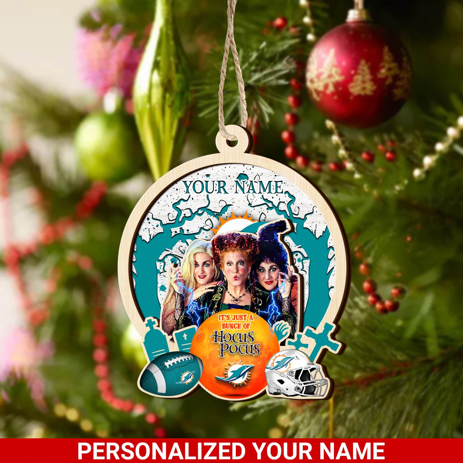 Miami Dolphins 2 Layered Wooden Ornament 2024 Version Custom Your Name, Hocus Pocus And Sport Team Ornament, Sport Gifts For Fans ETHY-52115