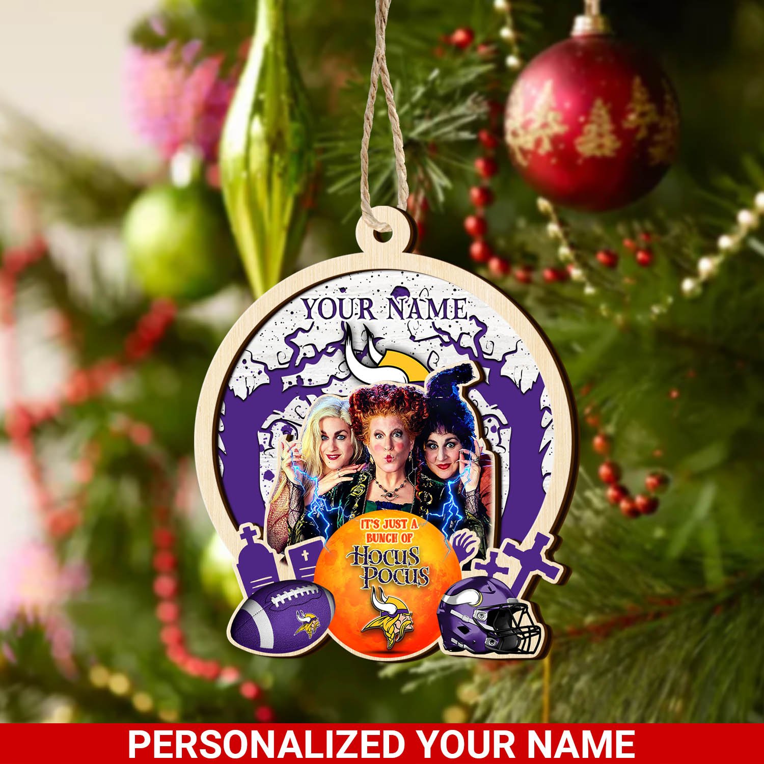 Minnesota Vikings 2 Layered Wooden Ornament 2024 Version Custom Your Name, Hocus Pocus And Sport Team Ornament, Sport Gifts For Fans ETHY-52115