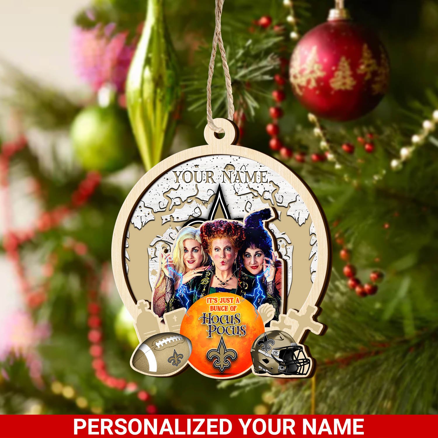 New Orleans Saints 2 Layered Wooden Ornament 2024 Version Custom Your Name, Hocus Pocus And Sport Team Ornament, Sport Gifts For Fans ETHY-52115