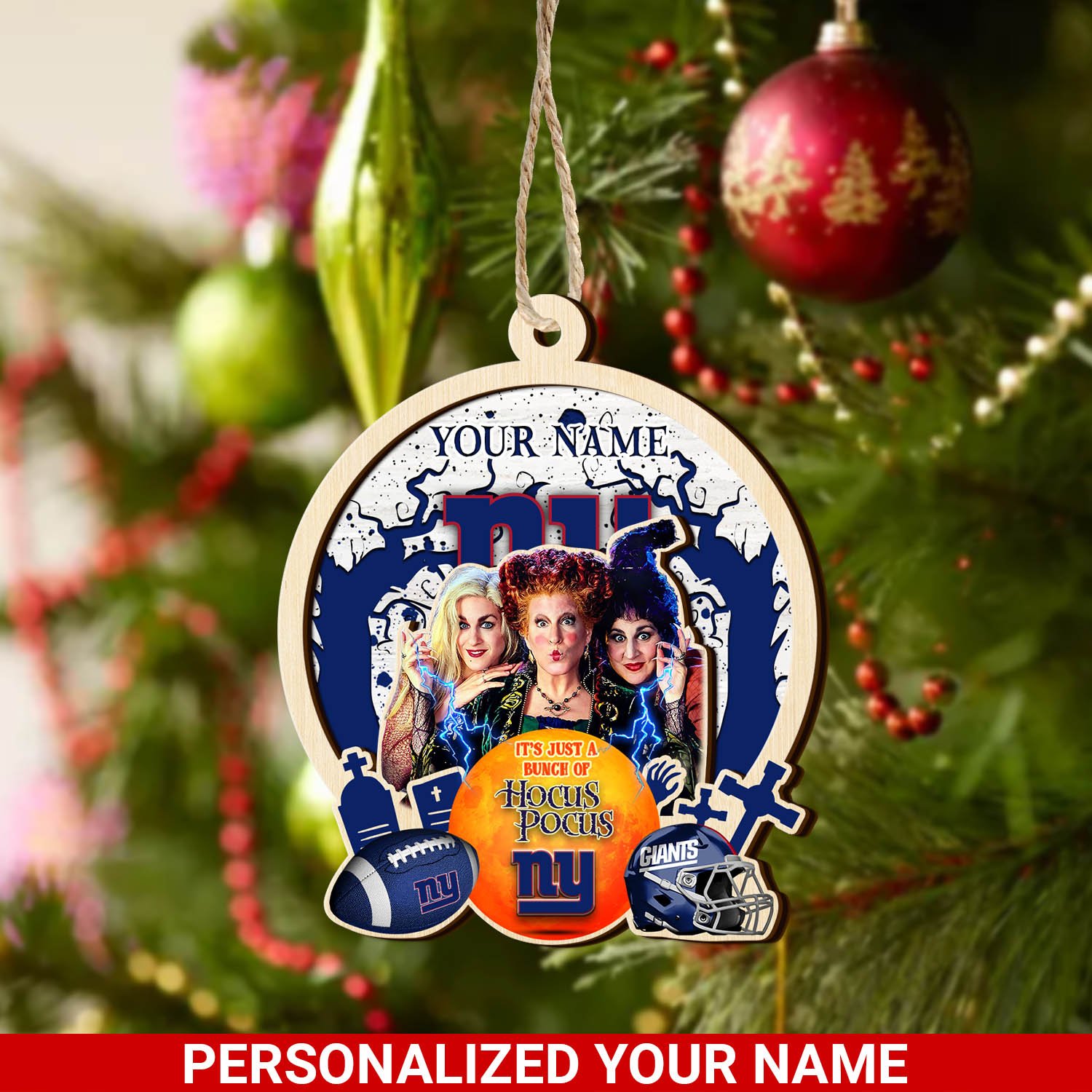 New York Giants 2 Layered Wooden Ornament 2024 Version Custom Your Name, Hocus Pocus And Sport Team Ornament, Sport Gifts For Fans ETHY-52115