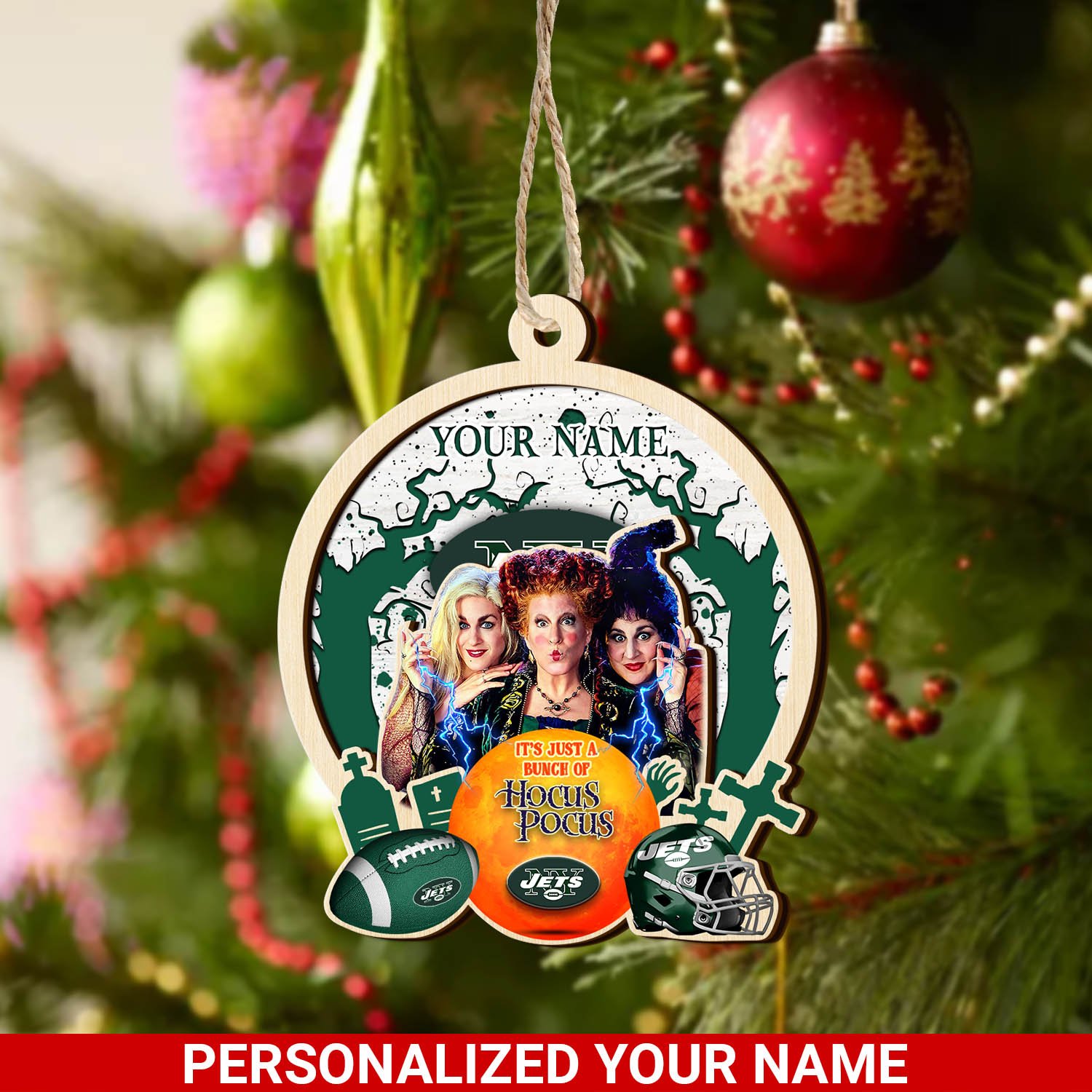 New York Jets 2 Layered Wooden Ornament 2024 Version Custom Your Name, Hocus Pocus And Sport Team Ornament, Sport Gifts For Fans ETHY-52115