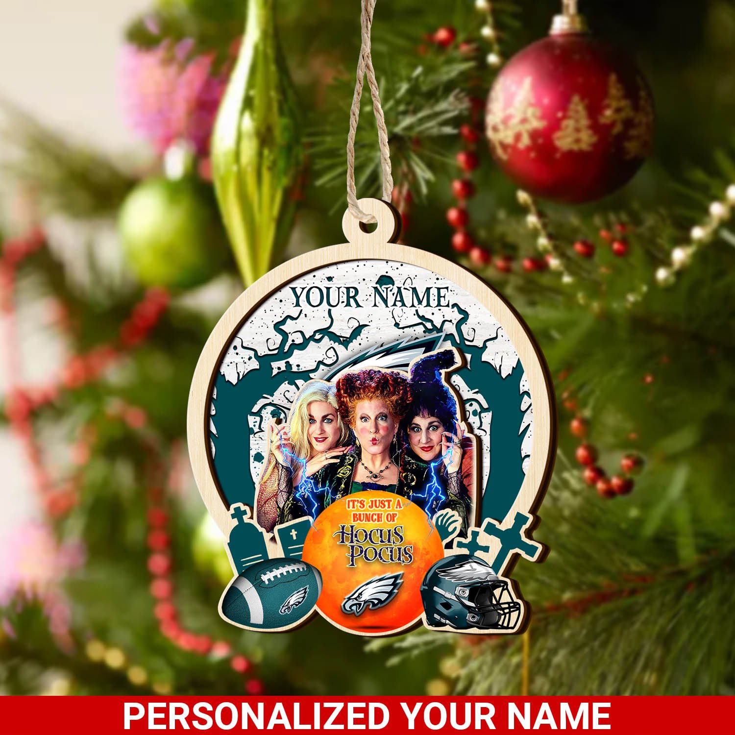 Philadelphia Eagles 2 Layered Wooden Ornament 2024 Version Custom Your Name, Hocus Pocus And Sport Team Ornament, Sport Gifts For Fans ETHY-52115