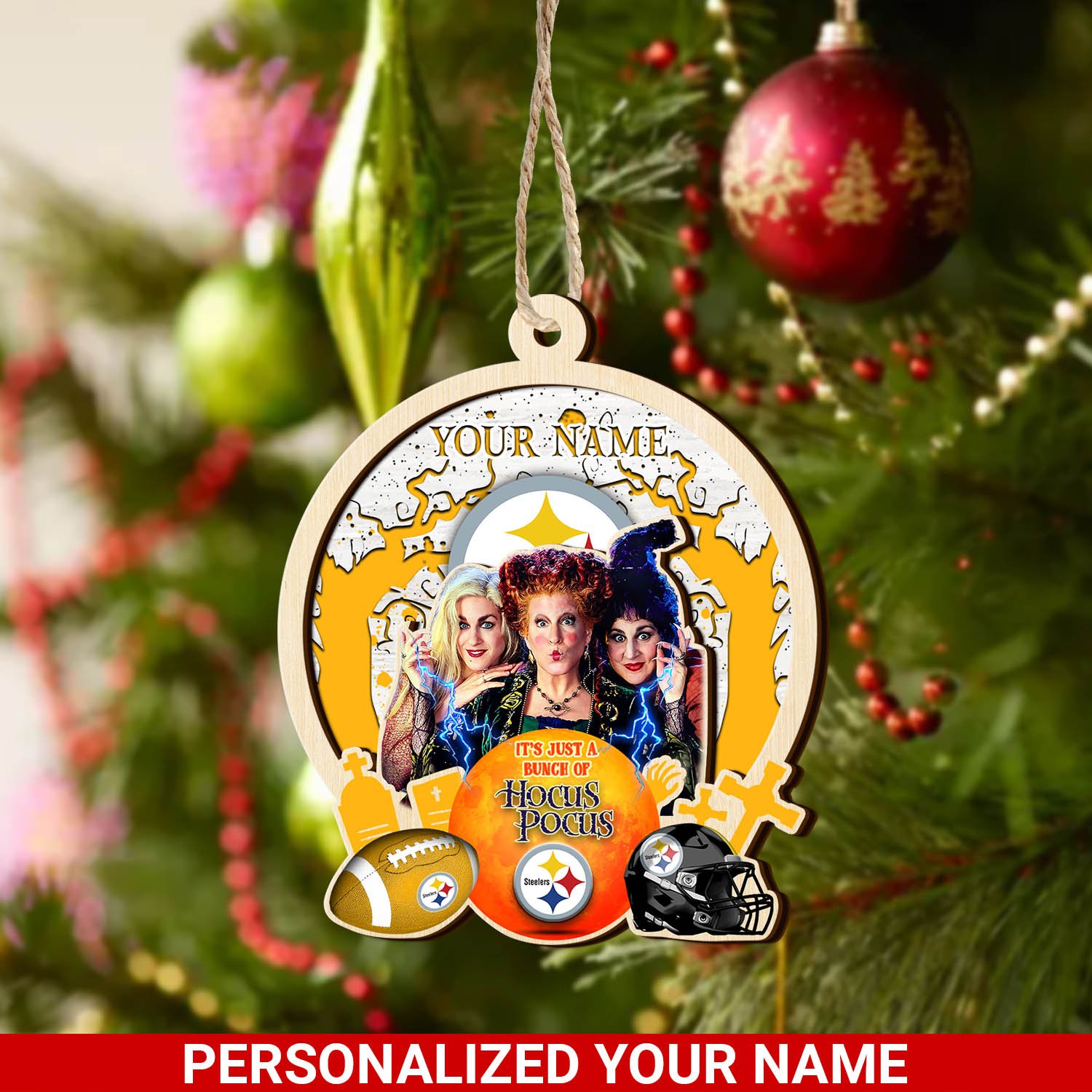 Pittsburgh Steelers 2 Layered Wooden Ornament 2024 Version Custom Your Name, Hocus Pocus And Sport Team Ornament, Sport Gifts For Fans ETHY-52115