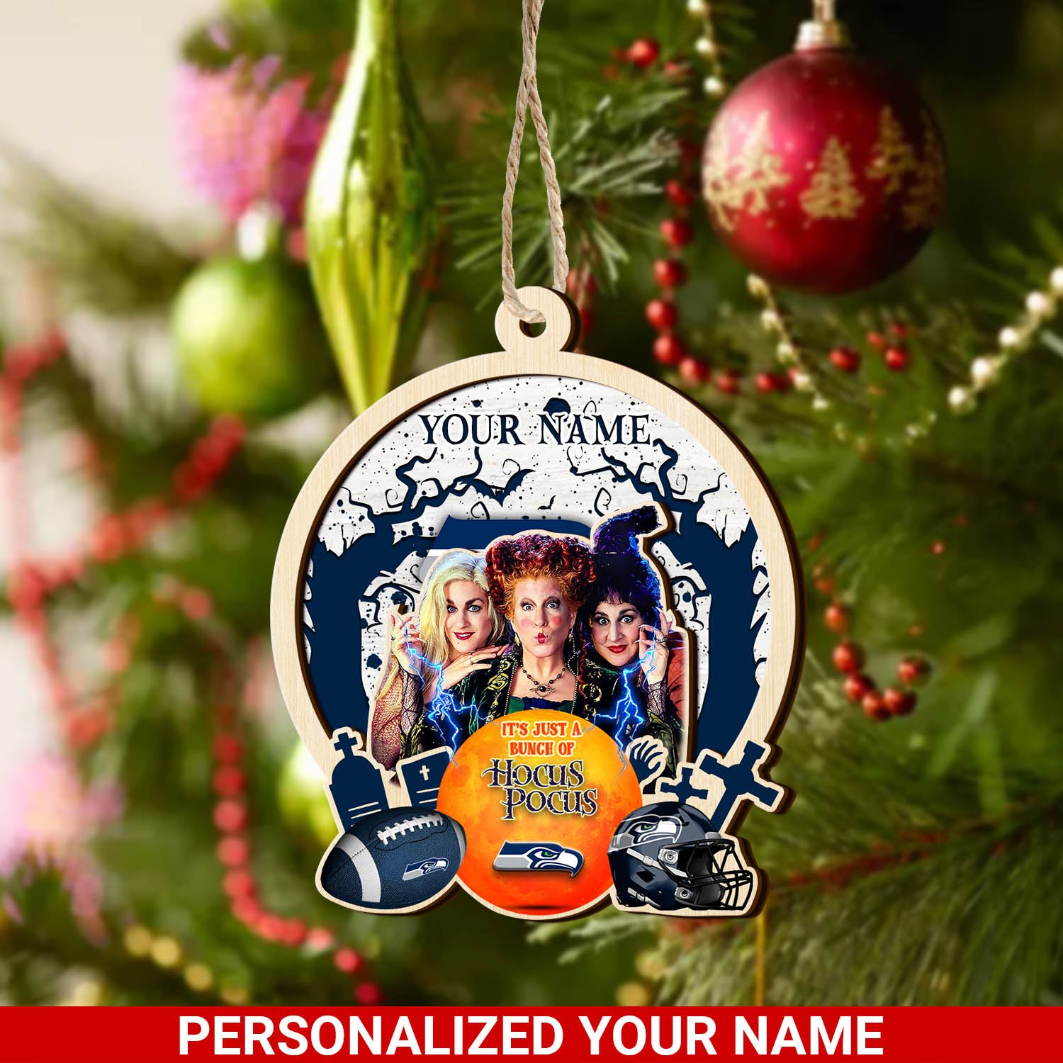 Seattle Seahawks 2 Layered Wooden Ornament 2024 Version Custom Your Name, Hocus Pocus And Sport Team Ornament, Sport Gifts For Fans ETHY-52115