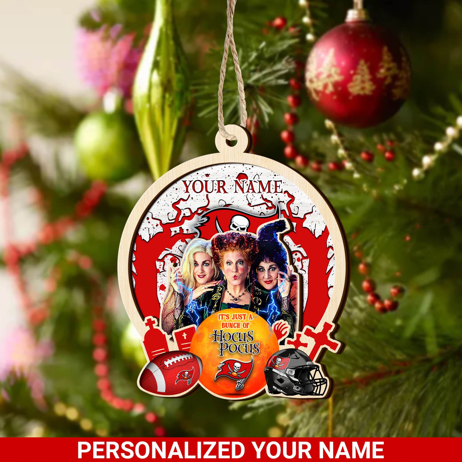 Tampa Bay Buccaneers 2 Layered Wooden Ornament 2024 Version Custom Your Name, Hocus Pocus And Sport Team Ornament, Sport Gifts For Fans ETHY-52115