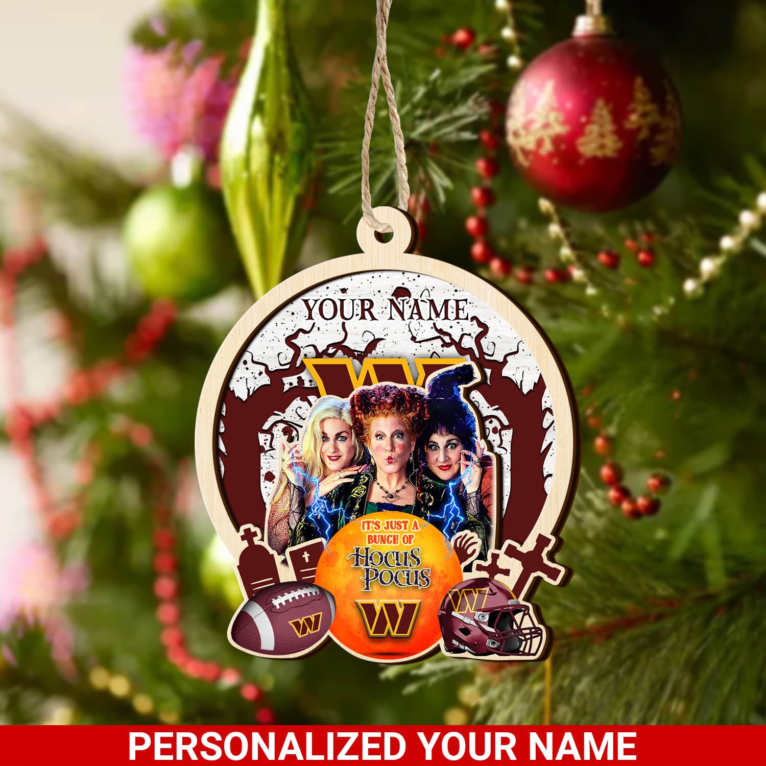 Washington Commanders 2 Layered Wooden Ornament 2024 Version Custom Your Name, Hocus Pocus And Sport Team Ornament, Sport Gifts For Fans ETHY-52115