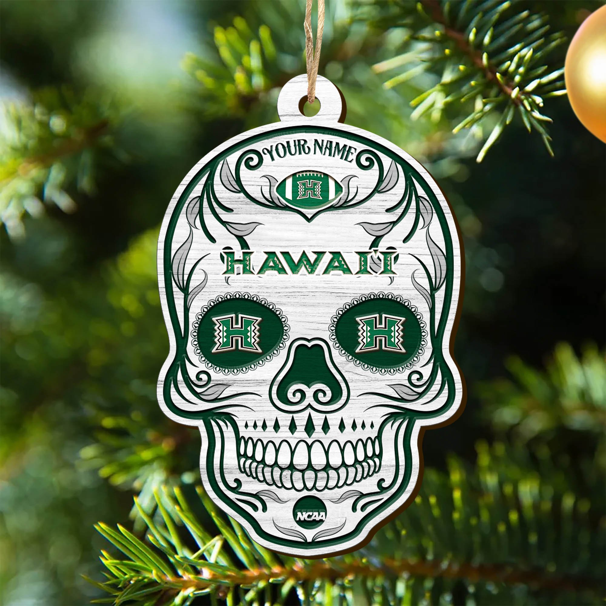 Hawaii Rainbow Warriors Sport Wooden Ornament 2024 Version Personalized Your Name, Football Team And Skull Ornaments, Christmas Tree Decorations ETHY-53301
