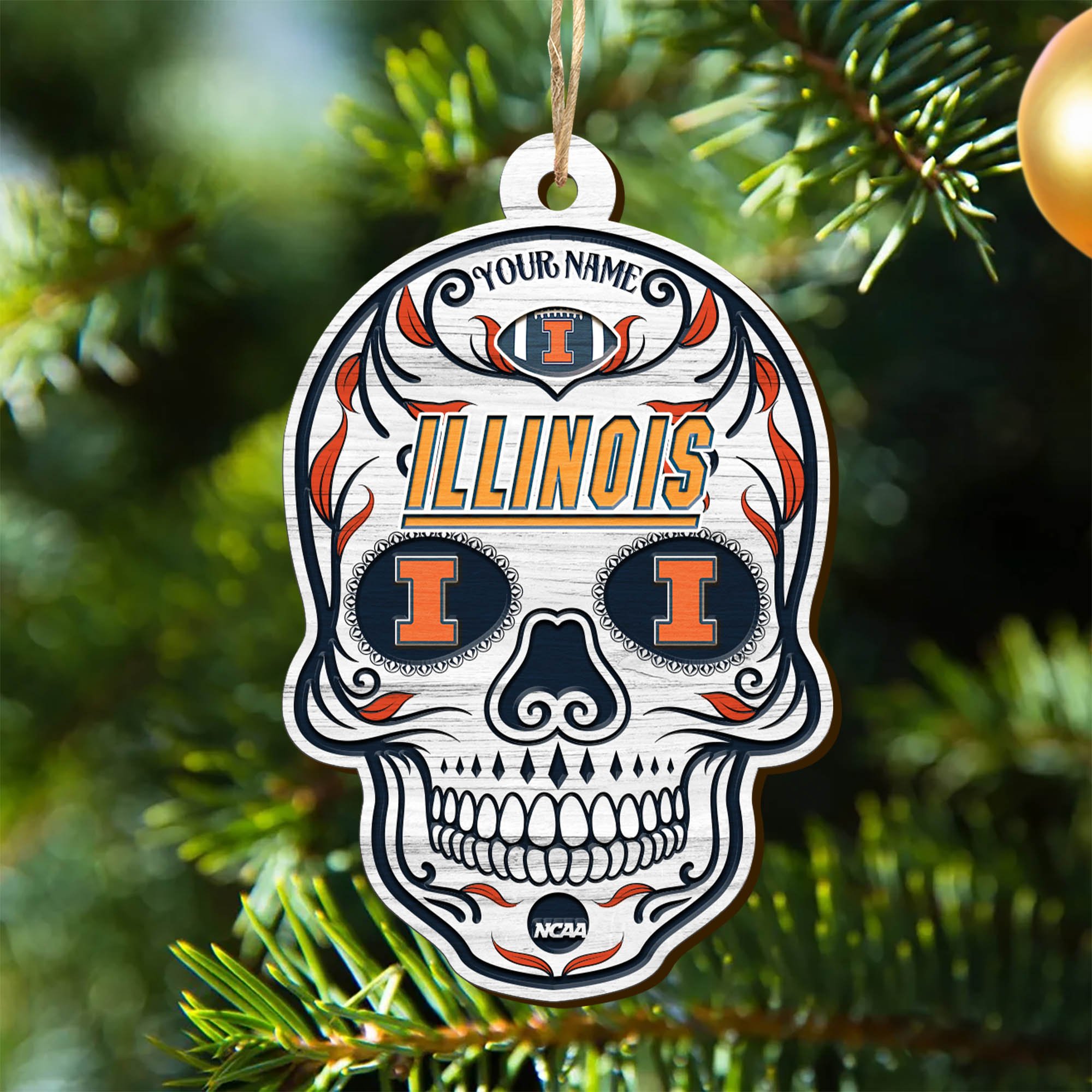 Illinois Fighting Illini Sport Wooden Ornament 2024 Version Personalized Your Name, Football Team And Skull Ornaments, Christmas Tree Decorations ETHY-53301