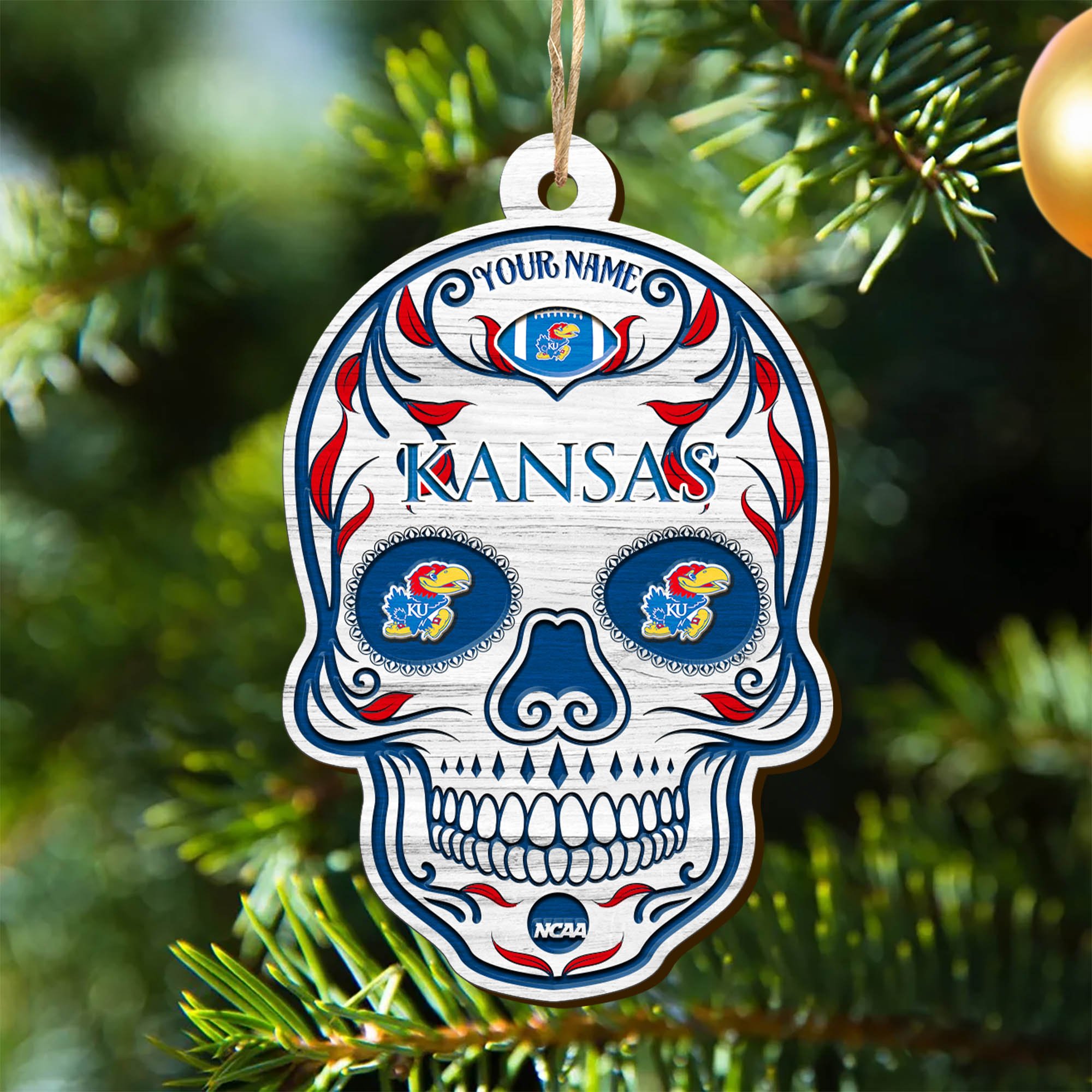 Kansas Jayhawks Sport Wooden Ornament 2024 Version Personalized Your Name, Football Team And Skull Ornaments, Christmas Tree Decorations ETHY-53301