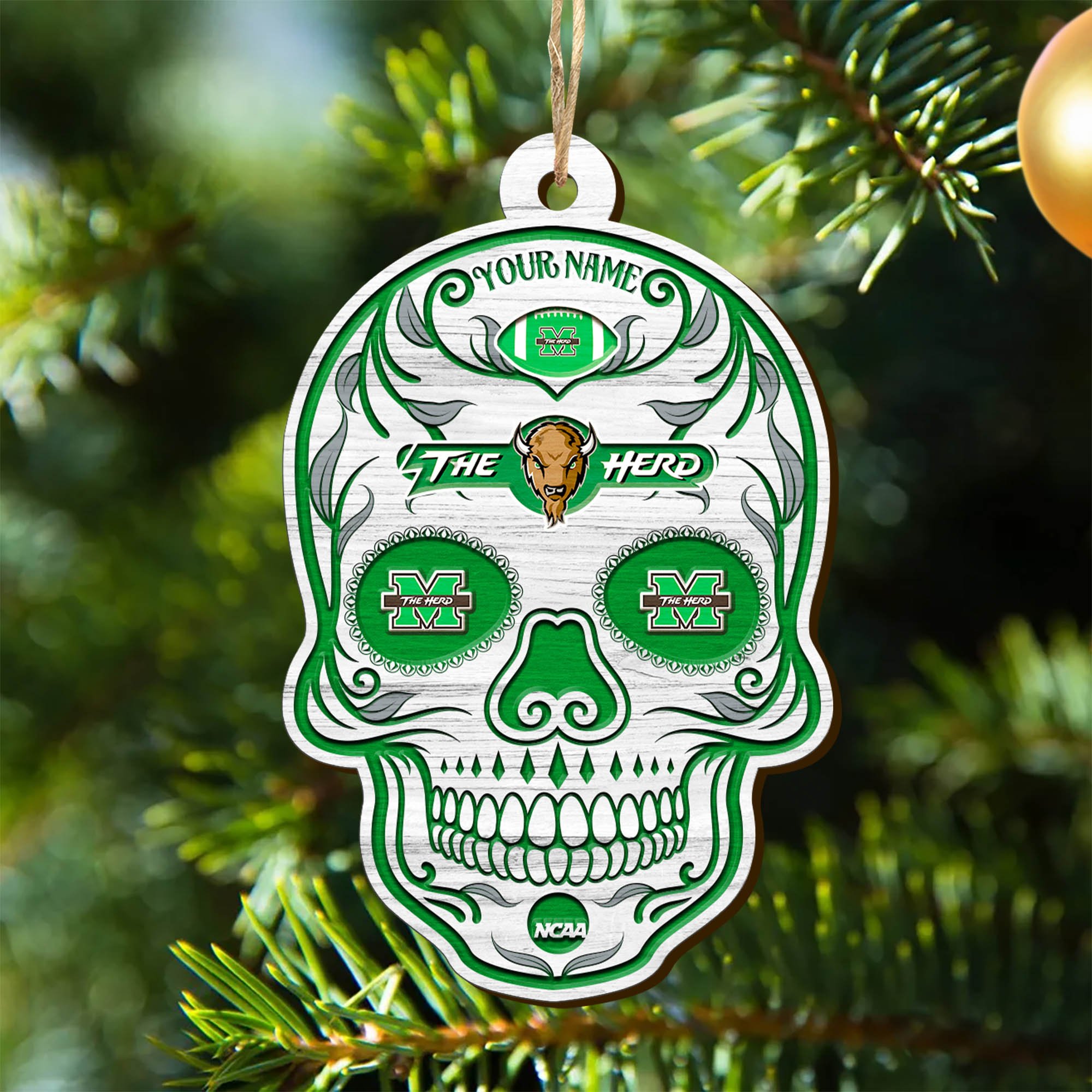 Marshall Thundering Herd Sport Wooden Ornament 2024 Version Personalized Your Name, Football Team And Skull Ornaments, Christmas Tree Decorations ETHY-53301