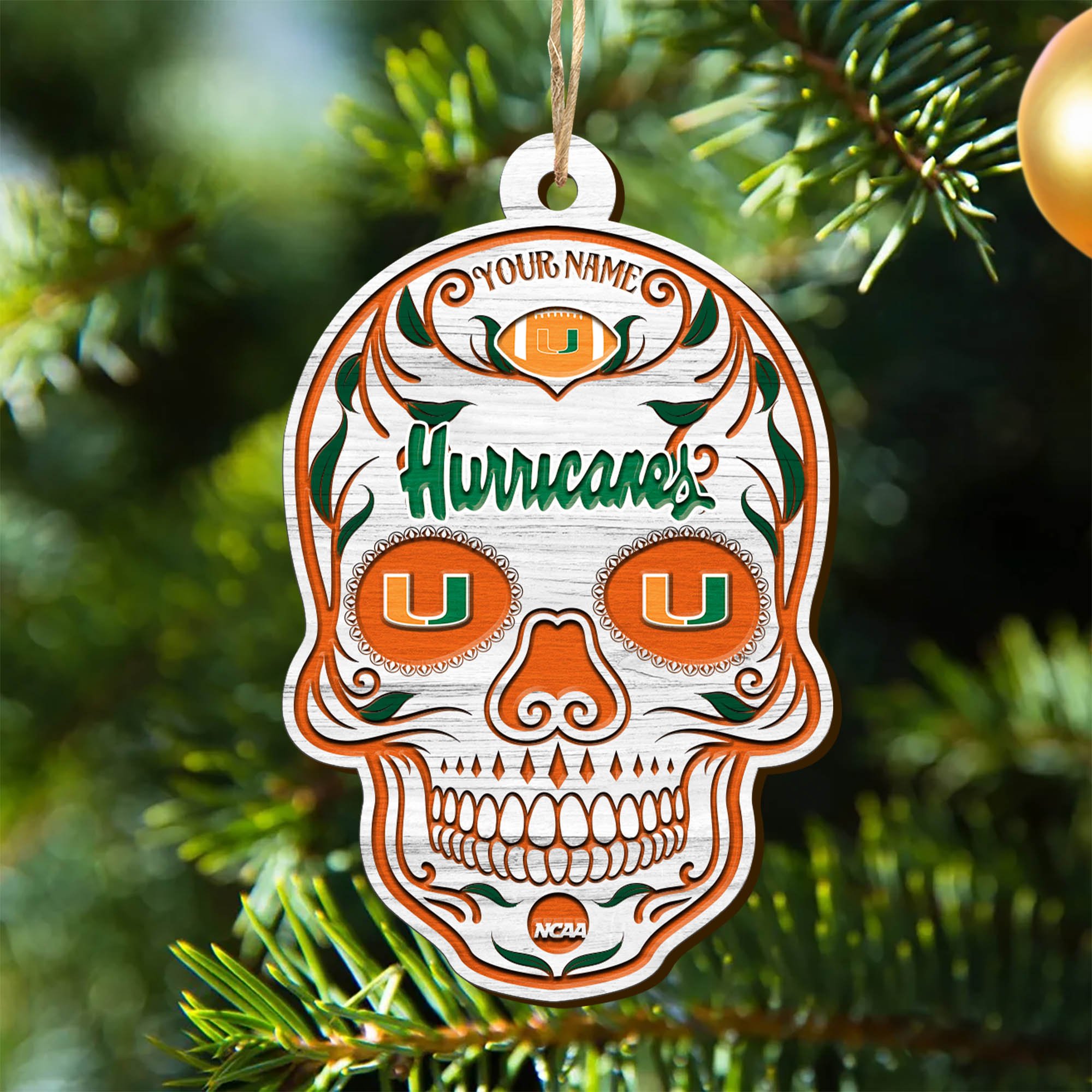 Miami Hurricanes Sport Wooden Ornament 2024 Version Personalized Your Name, Football Team And Skull Ornaments, Christmas Tree Decorations ETHY-53301