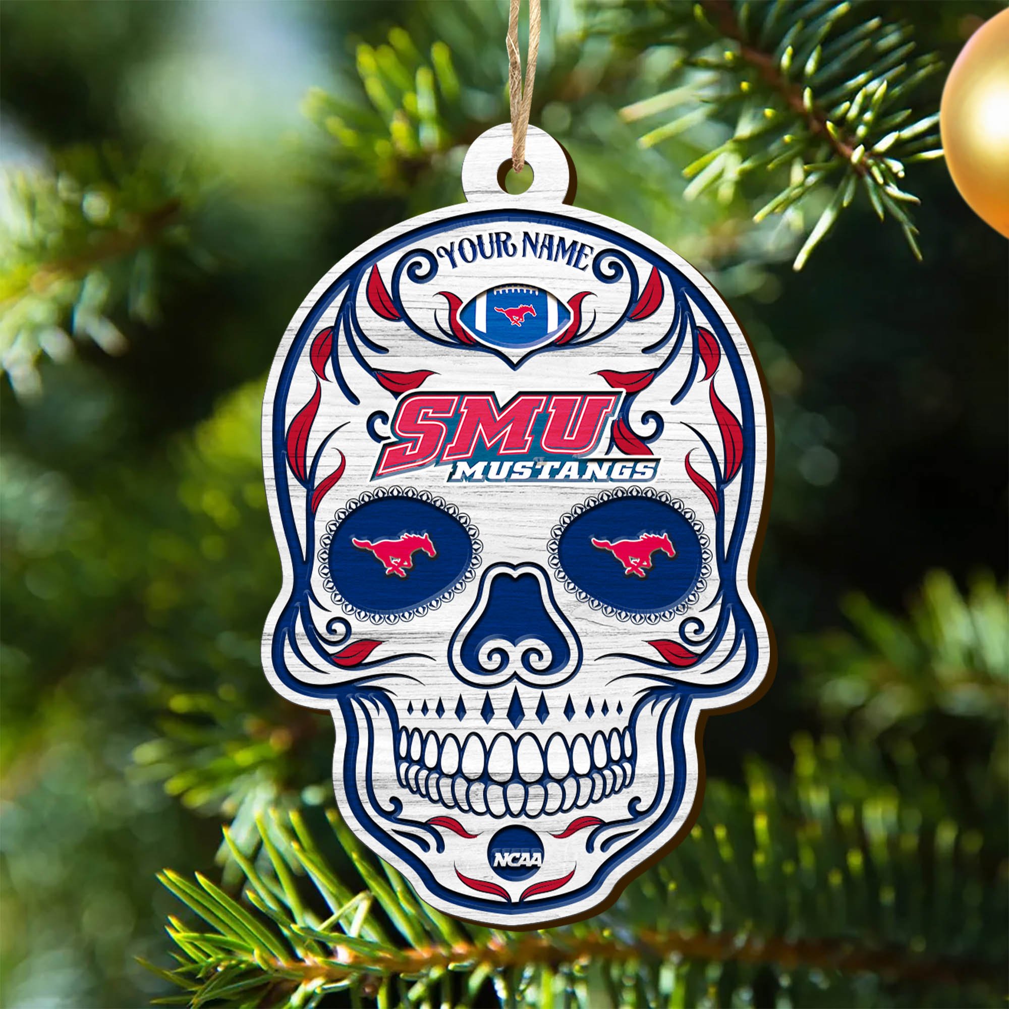 SMU Mustangs Sport Wooden Ornament 2024 Version Personalized Your Name, Football Team And Skull Ornaments, Christmas Tree Decorations ETHY-53301
