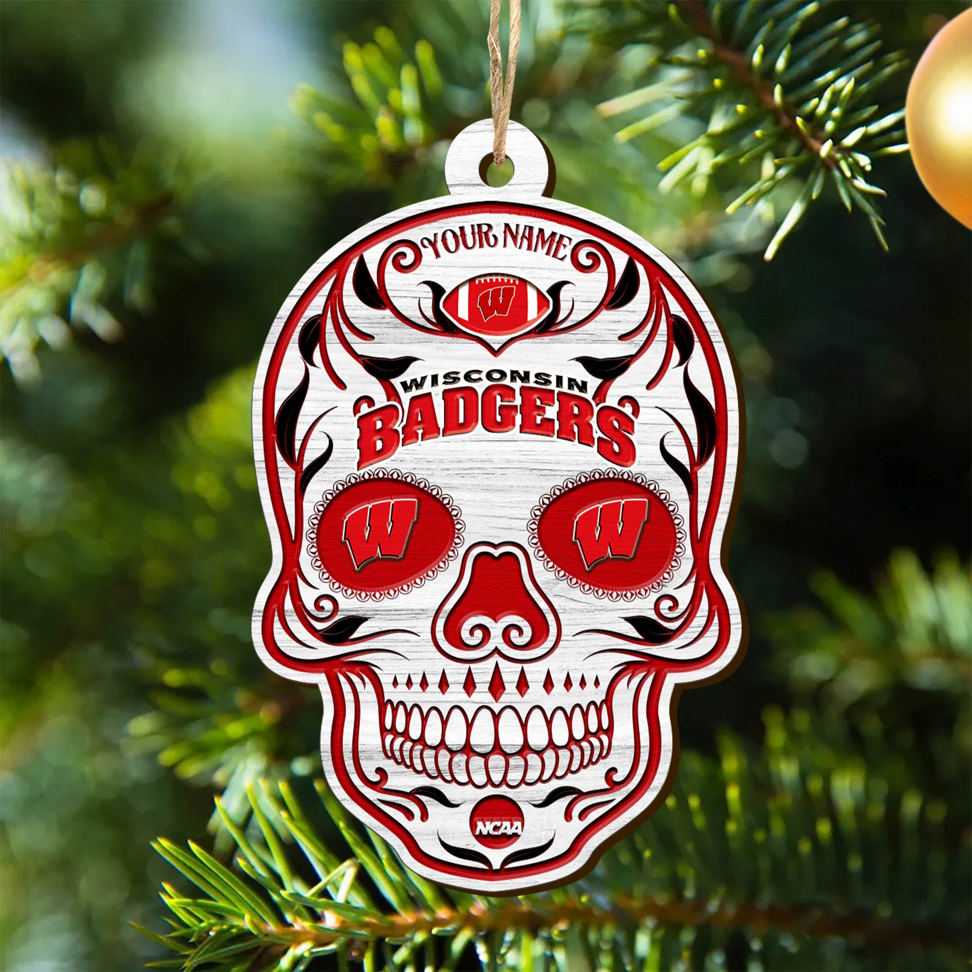 Wisconsin Badgers Sport Wooden Ornament 2024 Version Personalized Your Name, Football Team And Skull Ornaments, Christmas Tree Decorations ETHY-53301