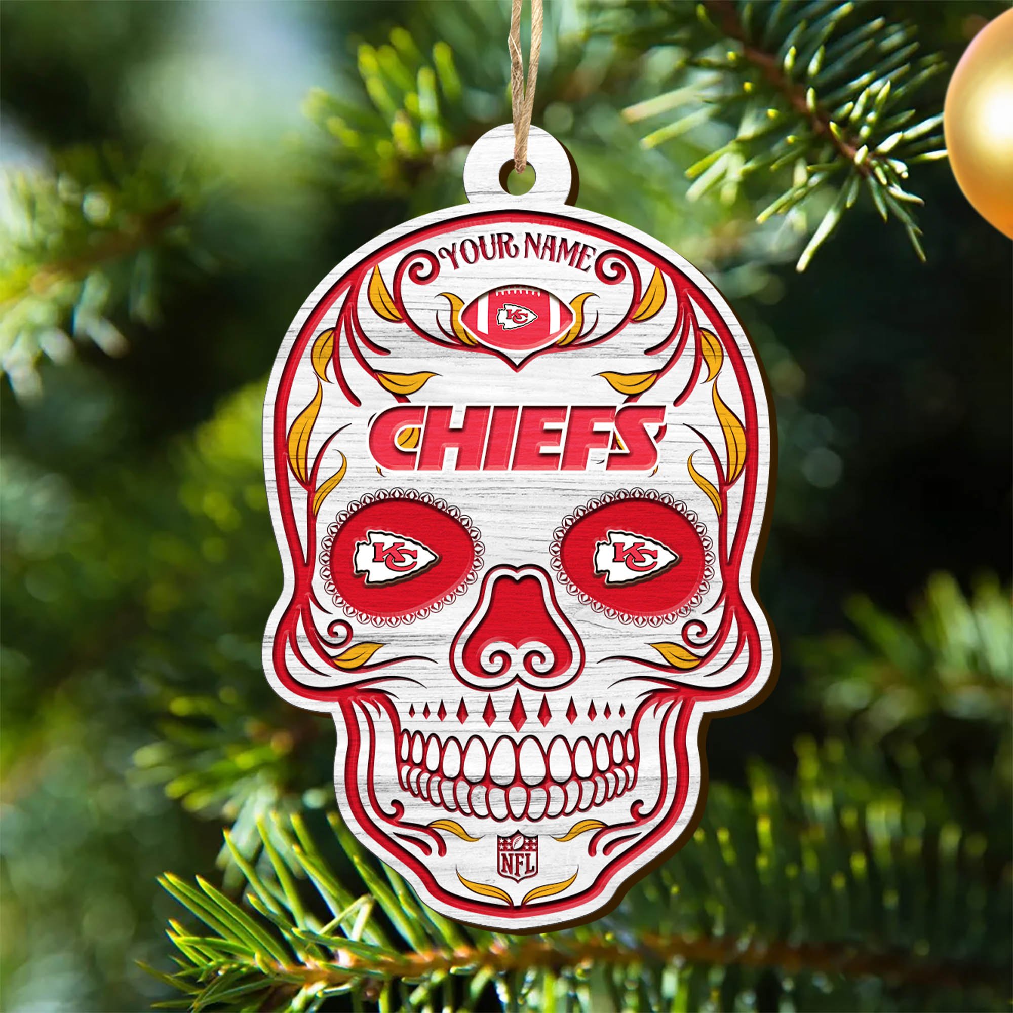 Kansas City Chiefs Sport Wooden Ornament 2024 Version Personalized Your Name, Football Team And Skull Ornaments, Christmas Tree Decorations ETHY-53301
